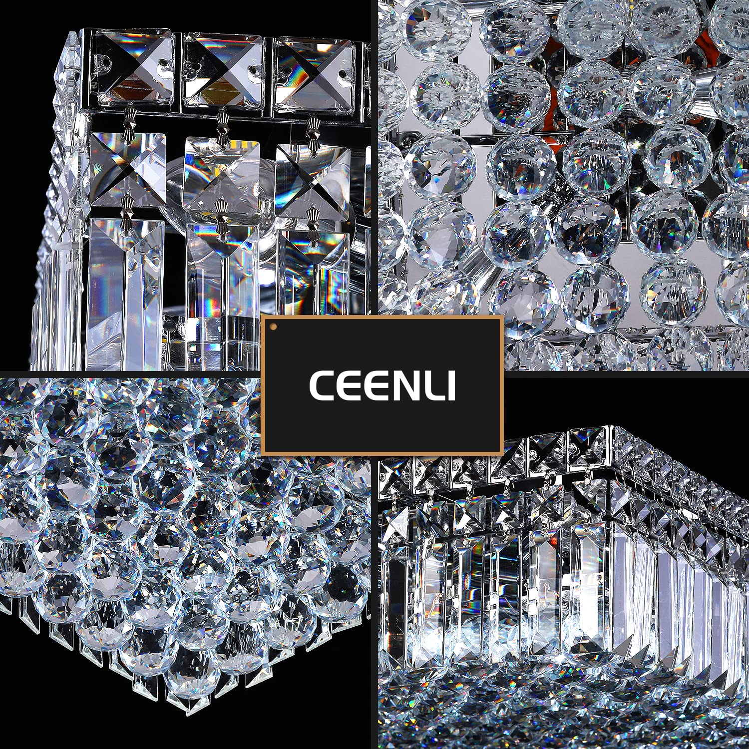 12-Lights Modern Flush Mount Ceiling Light Fixture - Elegant Crystal Chandelier for Bedroom, Living Room, Dining Room - Square LED Pendant Lamp (20