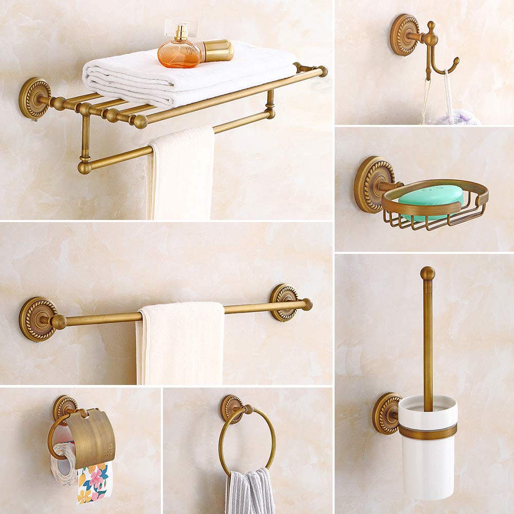 7-Piece Copper Bathroom Wall Mount Pendant Set - Towel Rack, Hook, Shelf & Toilet Paper Holder - Rust-Resistant Vintage Bathroom Hardware for Powder Room, Guest Bath & Master Suite Decor