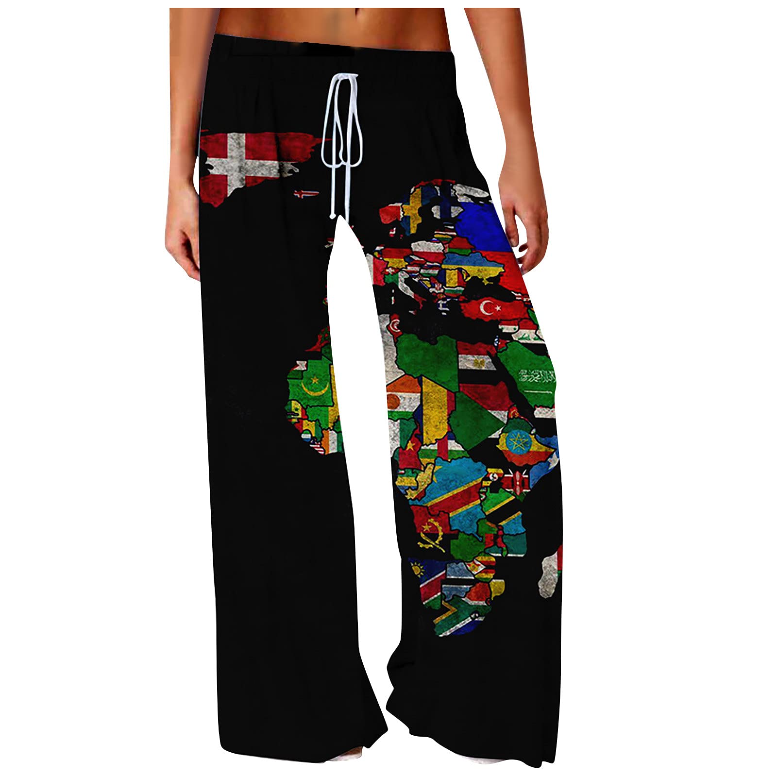 Yesunpxs Women's Wide Leg Palazzo Pants - Drawstring Relaxed Fit Flare Lounge Pants with Map Print - Mid Rise Long Pants for Yoga, Travel & Casual Wear