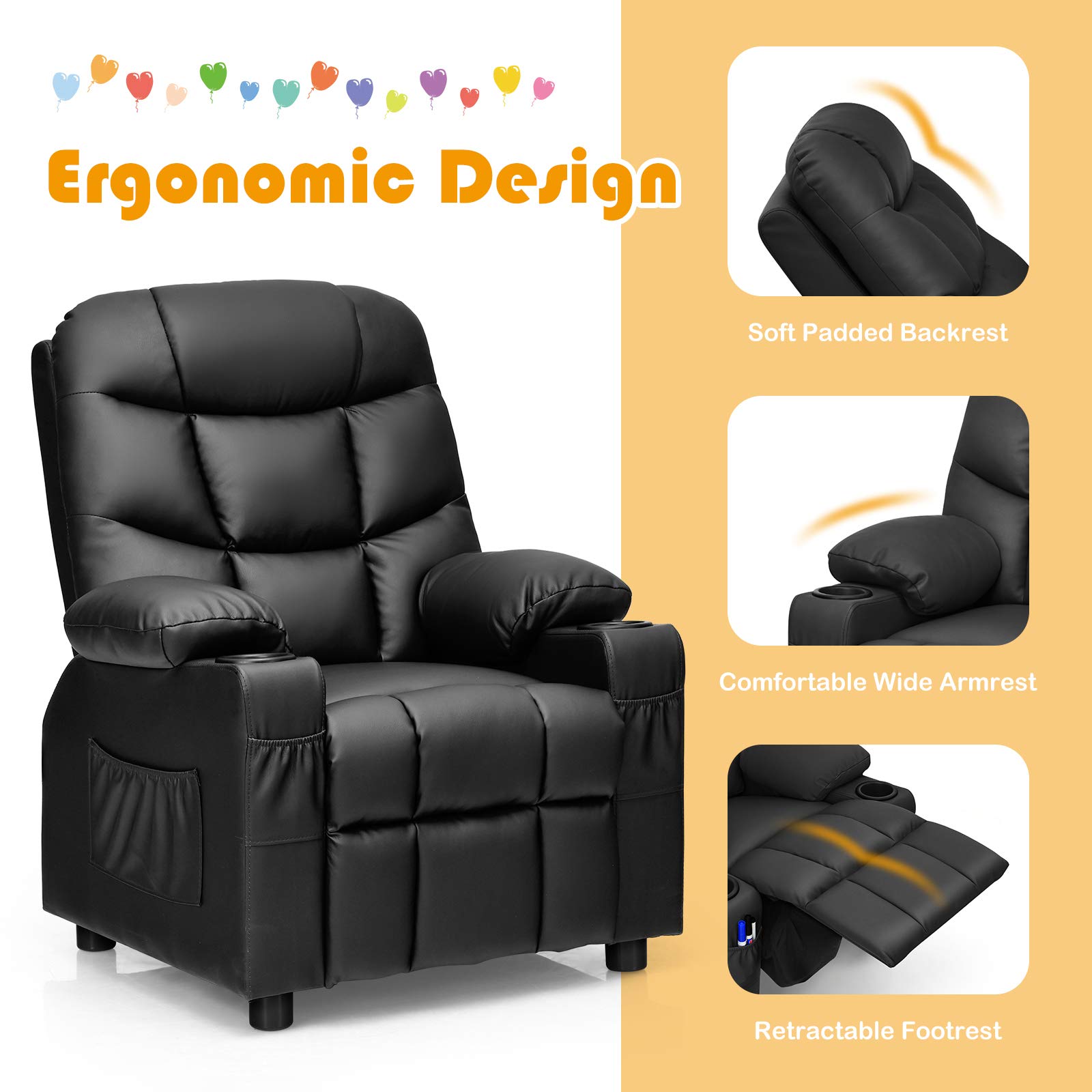 Costzon Kids Recliner Chair with Cup Holder & Footrest - Adjustable Leather Lounge Chair for Boys & Girls with Side Pockets - Ergonomic Toddler Furniture Sofa for Bedroom, Playroom & TV Time (Black)
