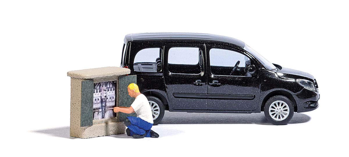Busch 7903 HO Scale Electrical Cabinet with Figure & MB Citan Van Action Set - Realistic Model Train Accessory for Diorama & Railroad Scenes