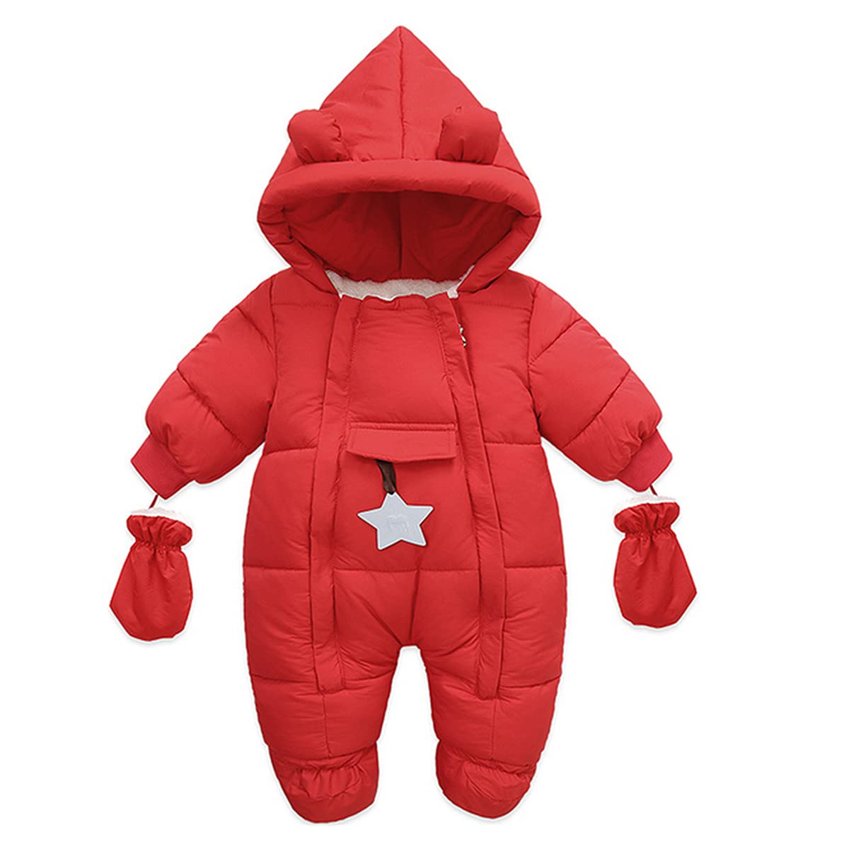 Baby Boys & Girls Winter Snowsuit with Ears Hood & Star Print - Warm Puffer Jacket with Attached Mittens for Outdoor Play & Snow Adventures