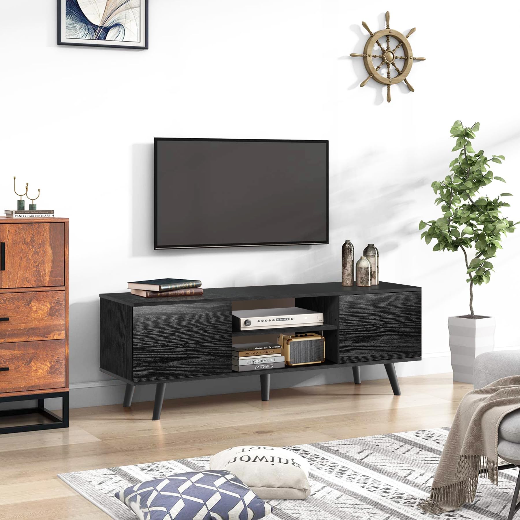 55-60 Inch TV Stand with Storage - Modern Black Wood Entertainment Center for Living Room, Bedroom & Office - Perfect for Home Theater & Media Organization