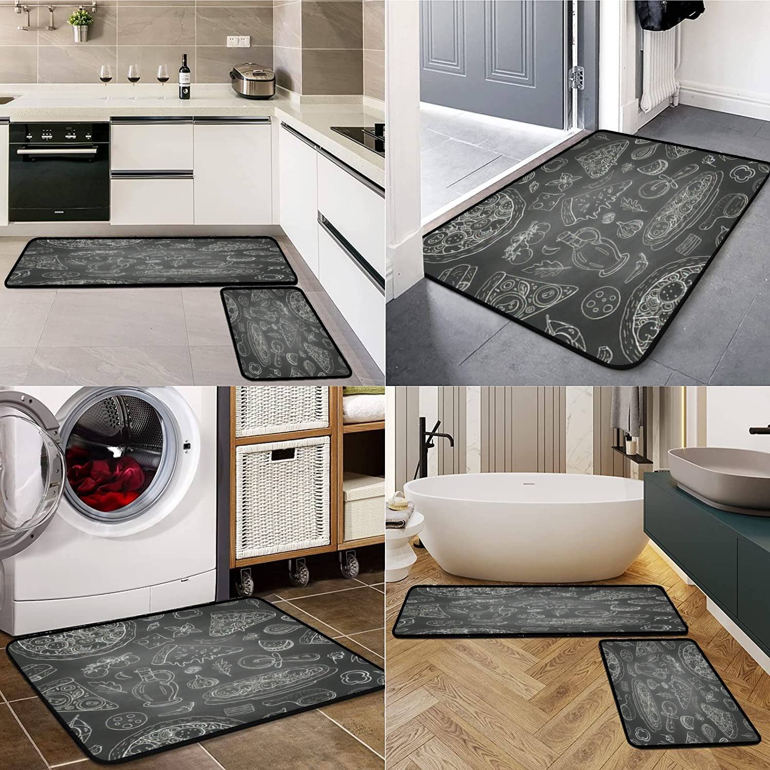 Italian Food Themed Non-Slip Kitchen Rugs Set - Washable Seamless Floor Mats with Pizza, Olive Oil & Vegetables Design - Anti-Fatigue Standing Mats for Kitchen, Bathroom & Entryway Decor