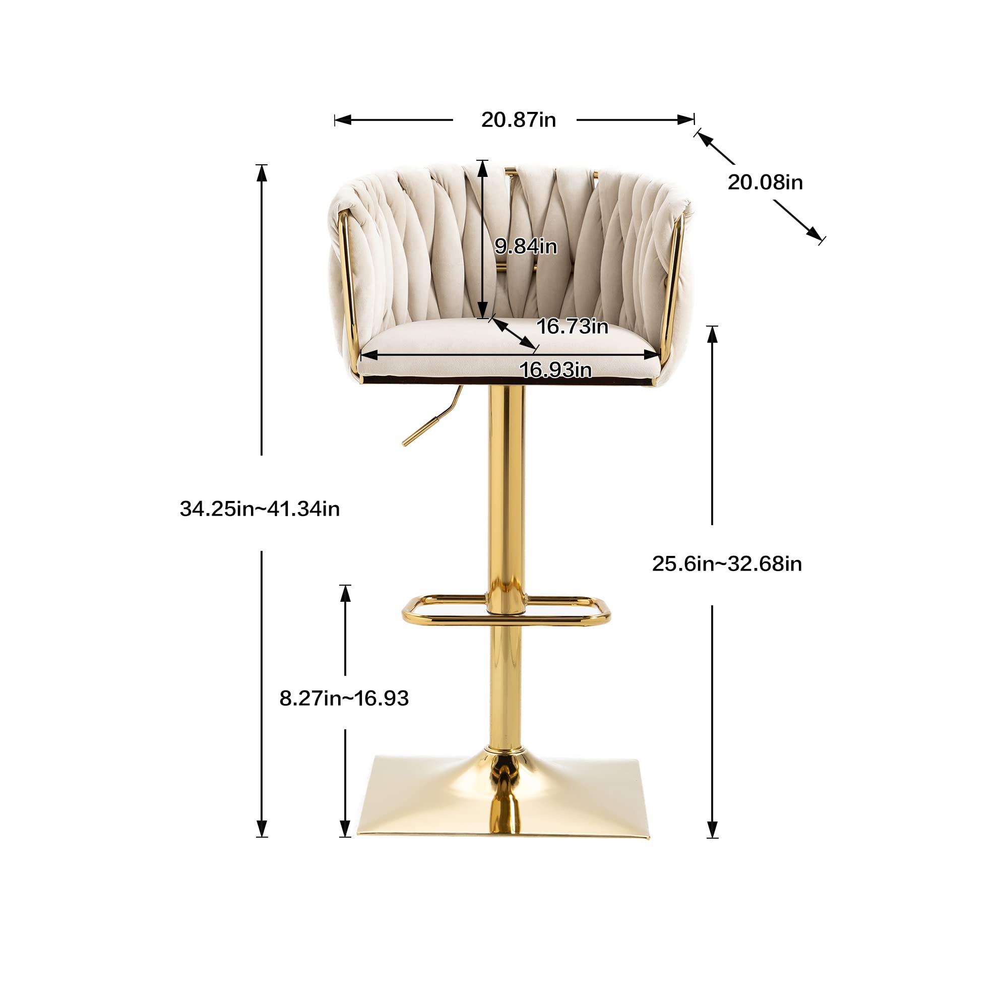 NIOIIKIT Velvet Upholstered Swivel Bar Stool Set of 2 - Counter Height Dining Chairs with Hand Woven Backrest & Footrest - Kitchen Island, Pub, Bar Counter Stools for Home & Restaurant (Ivory)