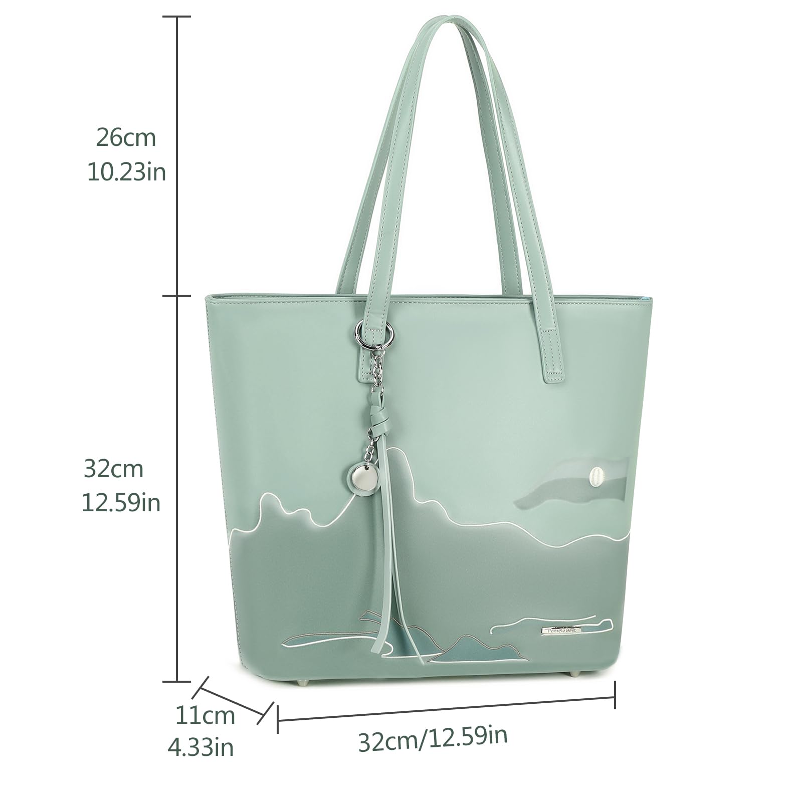 Premium PU Leather Tote Bags for Women - Large Zippered Handbags with Shoulder Strap, Light Green Chinese Landscape Print, Stylish Work & Everyday Purse | Perfect for Office, Commuting, Shopping & Travel