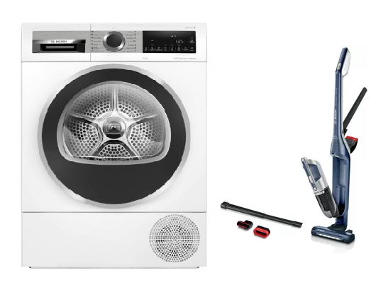 Bosch WQG24570SG 9kg Heat Pump Dryer & BBH3K2800 Handstick Vacuum Cleaner Bundle - Energy Efficient Laundry & Quick Cleaning for Home, Apartment, or Office Use