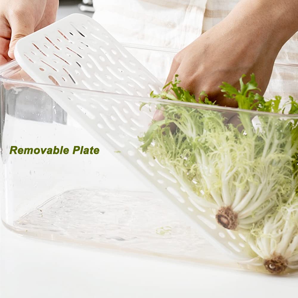 Clear 5700ML Refrigerator Organizer Set of 4 - Fridge Food Storage Containers with Lids & Drain Plate for Vegetables, Fruits, Lettuce | Perfect for Meal Prep & Fresh Produce Organization