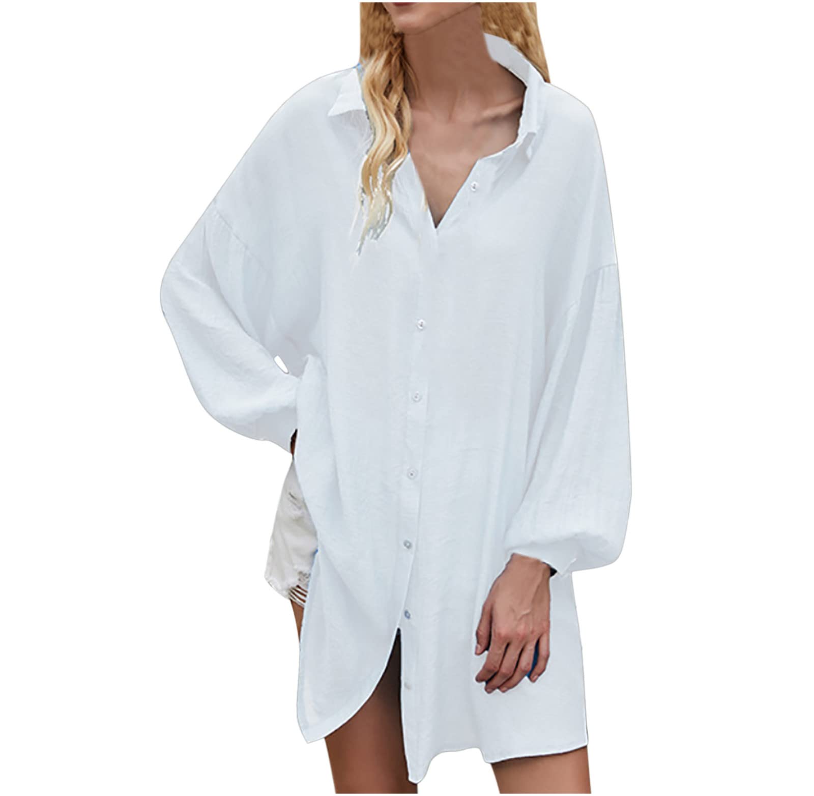 Maqroz Women's Long Sleeve Button Down Shirt - 2022 Casual Solid Color V-Neck Lapel Oversized Boyfriend Tee Tunic Top | Perfect for Work, Date Night & Everyday Wear