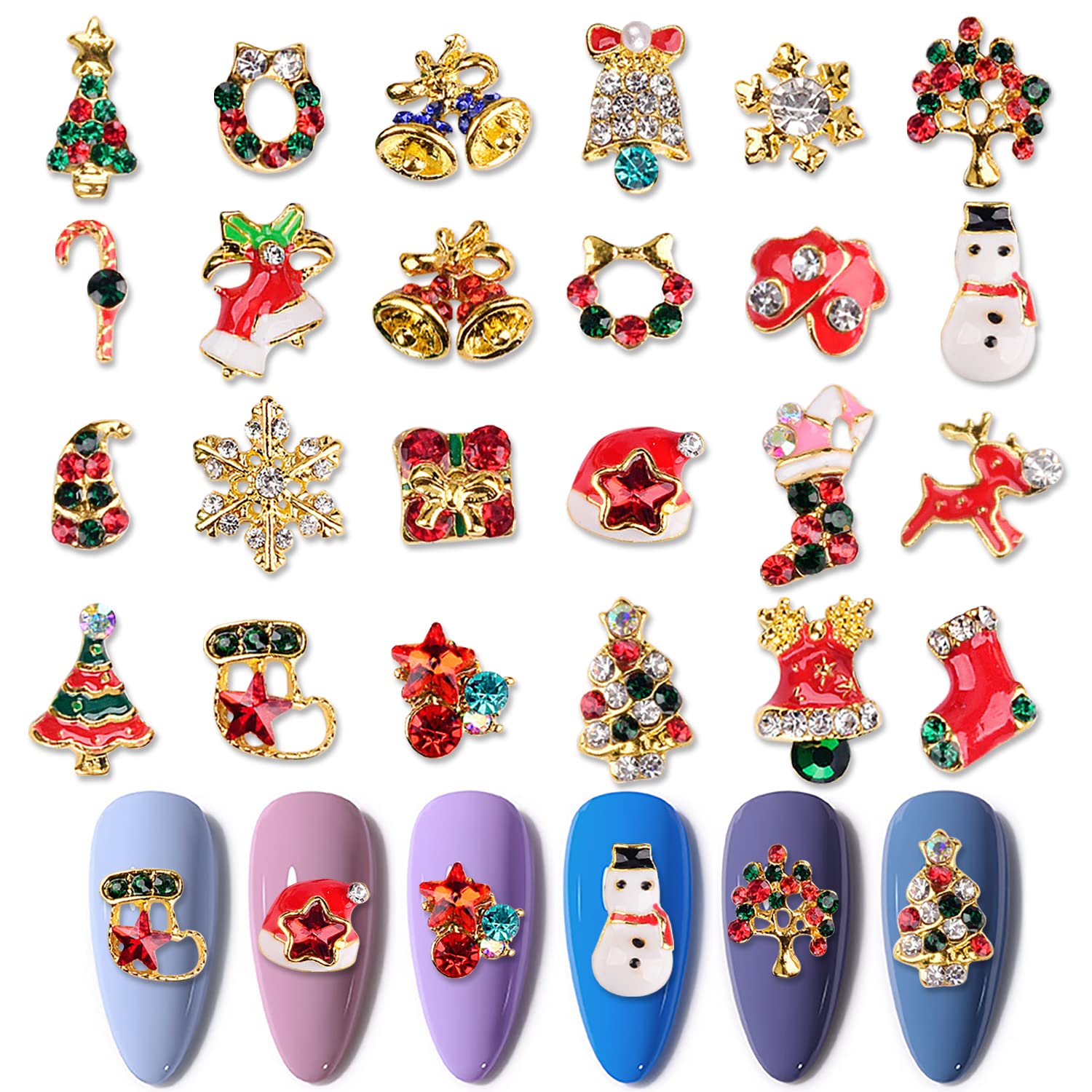 WOKOTO 24 Pcs Christmas Nail Charms Set - 3D Holiday Nail Art Decorations with Christmas Trees, Bells, Snowmen & Rhinestones for DIY Manicure | Perfect for Holiday Parties, Gift Giving & Festive Nail Designs