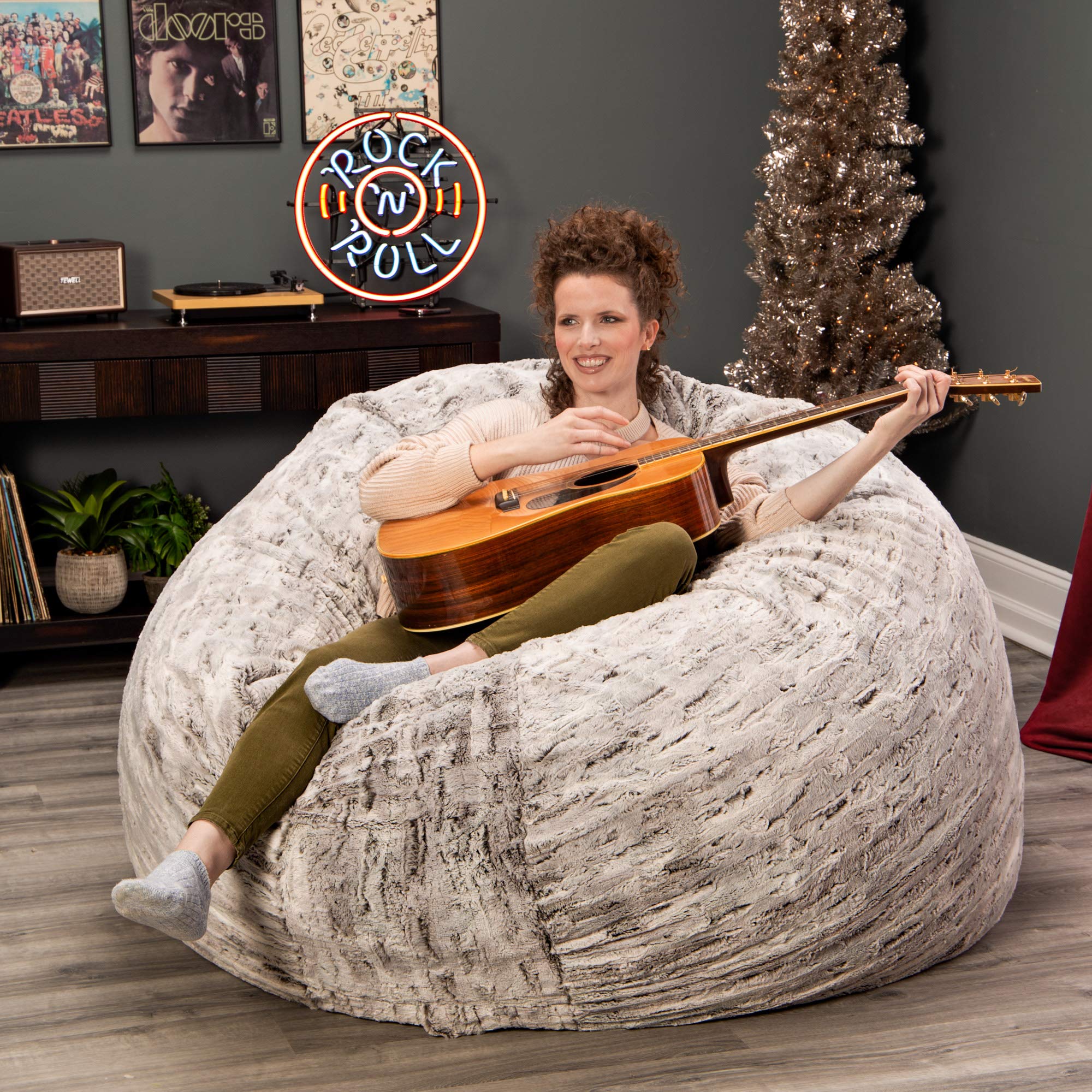 Jaxx 6 Foot Cocoon - Extra Large Bean Bag Chair for Adults & Teens, Premium Luxe Faux Fur Cover - Silver Fox Grey - Perfect for Living Room, Bedroom, Game Room & Dorm Relaxation