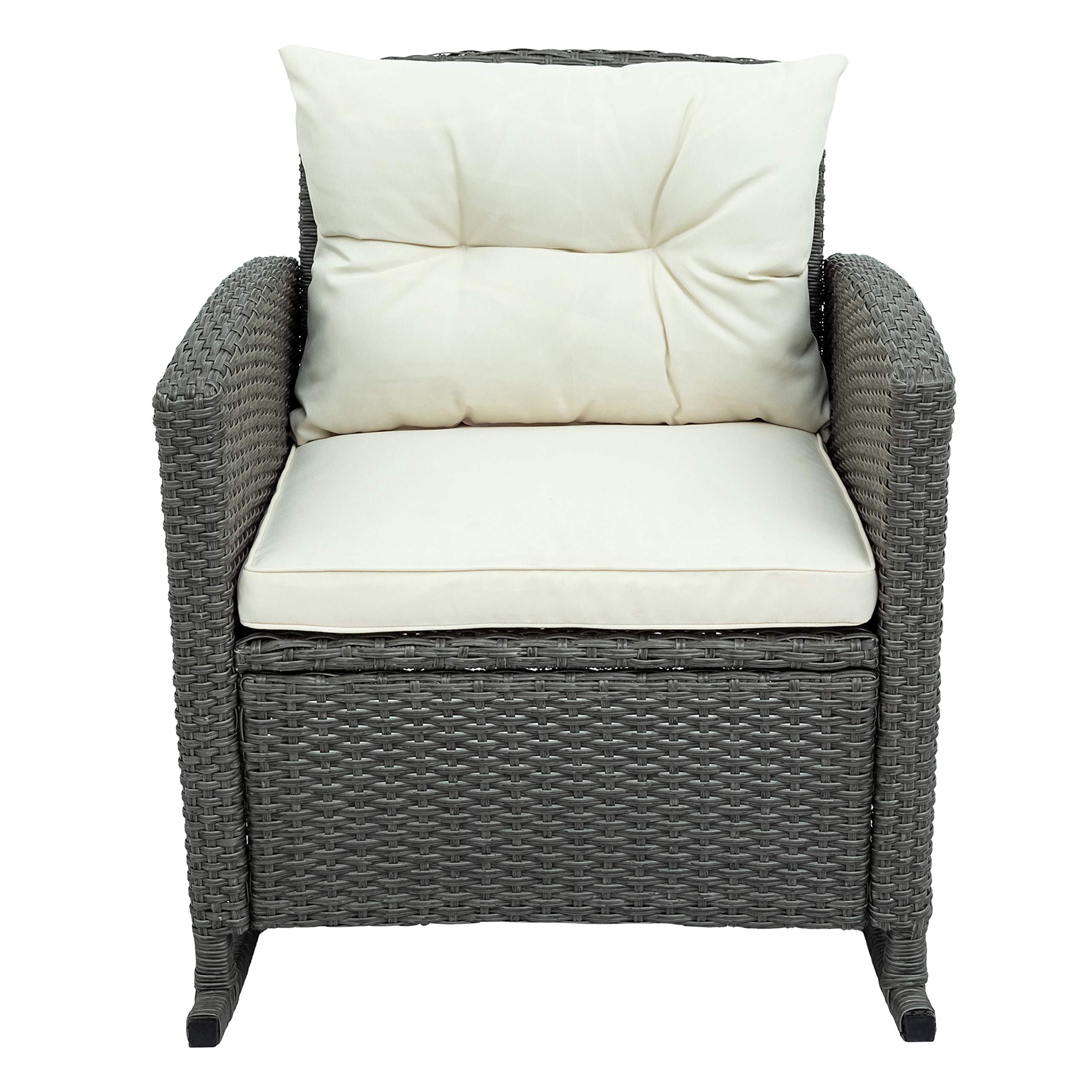 3-Piece Outdoor Patio Furniture Set - Wicker Rocking Armrest Chairs with Cushions & Glass-Top Coffee Table - Modern Beige Garden Set for Small Spaces | Perfect for Backyard, Balcony or Poolside Relaxation