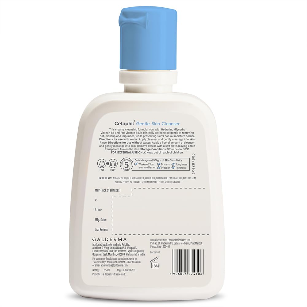 Cetaphil Gentle Skin Hydrating Face Wash Cleanser - Paraben & Sulfate Free with Niacinamide & Vitamin B5 for Dry, Normal & Sensitive Skin - 125ml | Daily Facial Cleanser for Soft, Smooth & Hydrated Skin