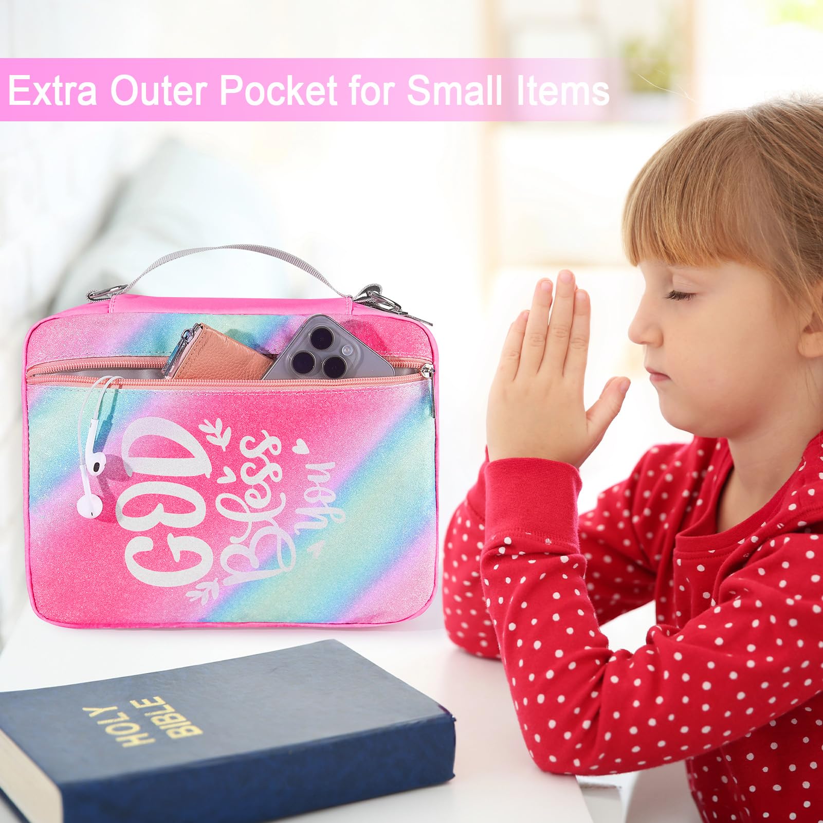 Glitter Bible Tote Bag with Shoulder Straps - Play Tailor Bible Cover Case for Women & Girls, Perfect Study Accessory for Church, Sunday School & Bible Study