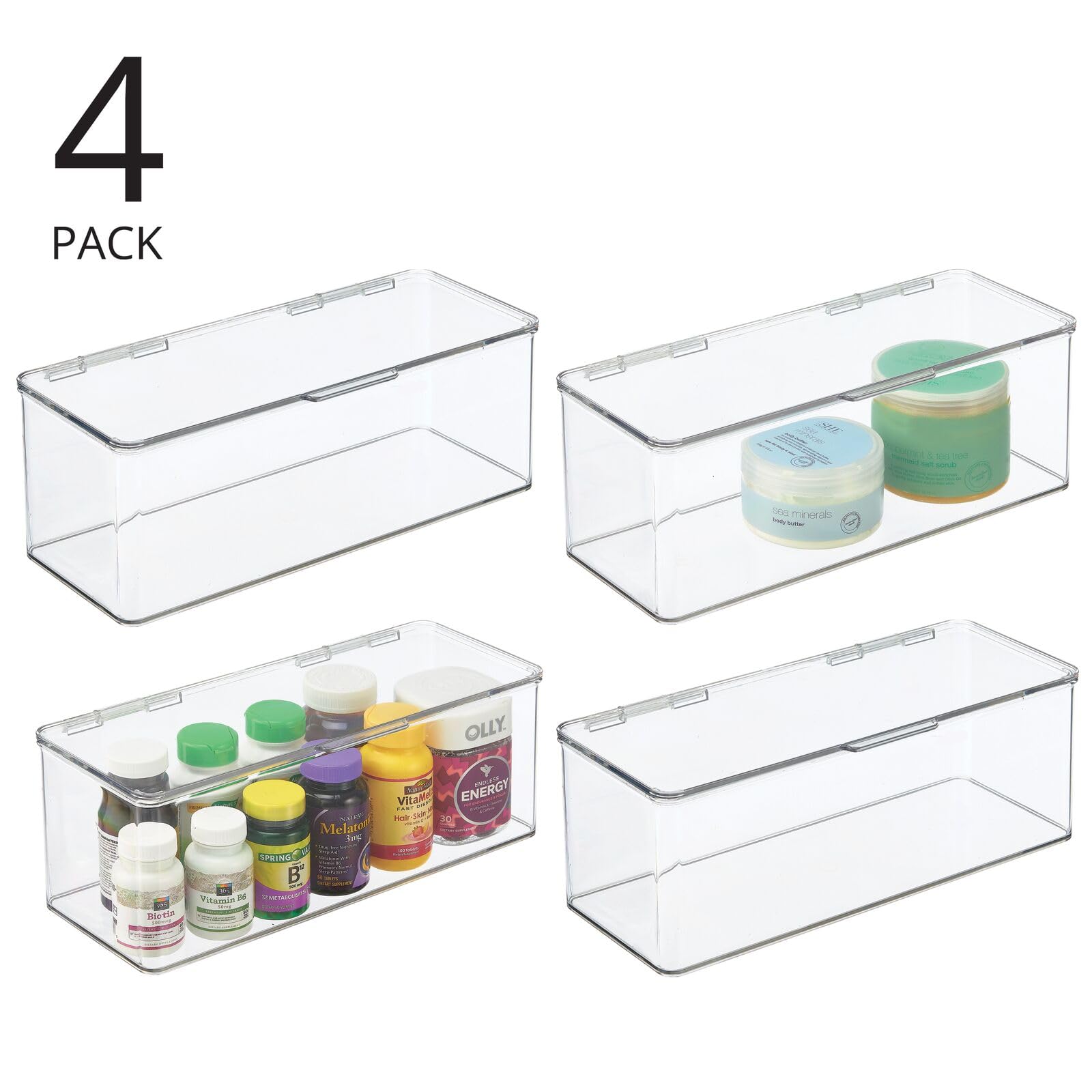 mDesign 4-Pack Clear Plastic Bathroom Storage Organizer Box with Hinged Lid - Vanity Drawer & Countertop Organizer for Lotions, Shampoo, Conditioner, Soap, Cotton Swabs, Face Towels & Accessories | Perfect for Bathroom Counter Organization, Makeup Storage & Small Item Decluttering