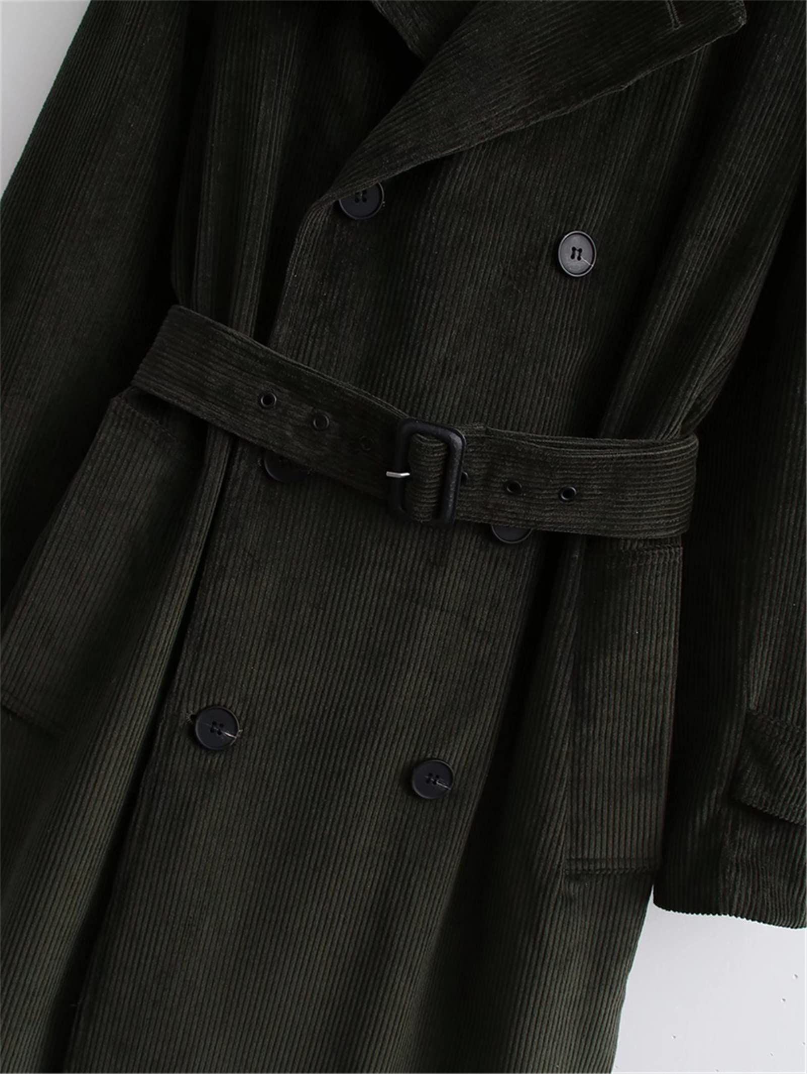 Women's Black Corduroy Trench Coat with Turn-Down Collar & Sash - Winter Fashion Casual Outerwear for Work, Date Night & Fall Season