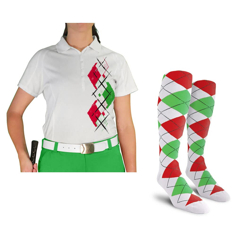 Dry Fit Short Sleeve Graphic Golf Polo Shirt with Socks for Women - Argyle Paradise (Sizes 4A-4Z) | Moisture-Wicking Performance Top & Socks Set for Golf, Tennis & Casual Wear