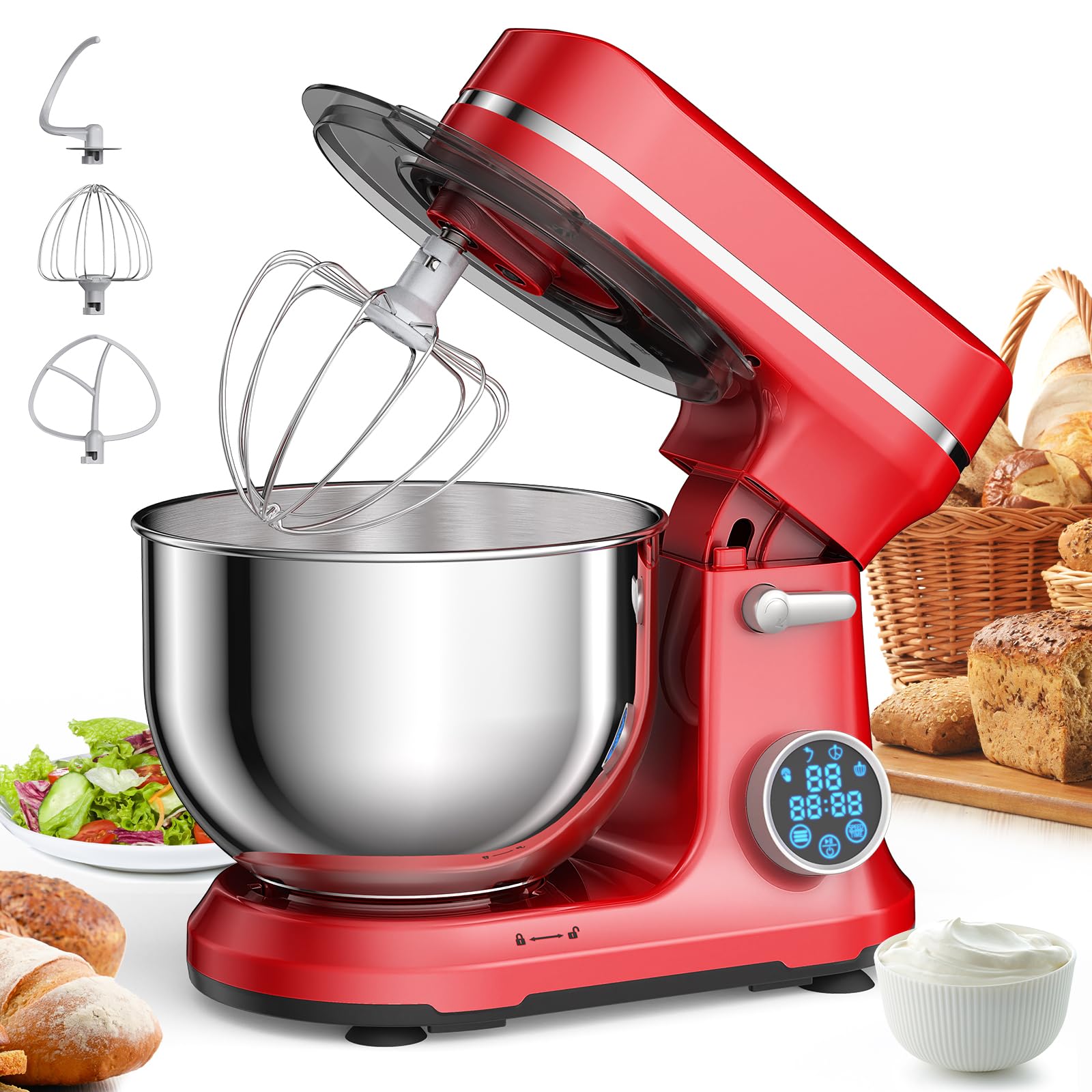 BioloMix 1200W Stand Mixer with 11-Speed Tilt Head & Digital OLED Screen - Includes Dough Hook, Flat Beater, Whisk (Red) - Perfect for Baking Cakes, Cookies, Bread & More in Your Kitchen