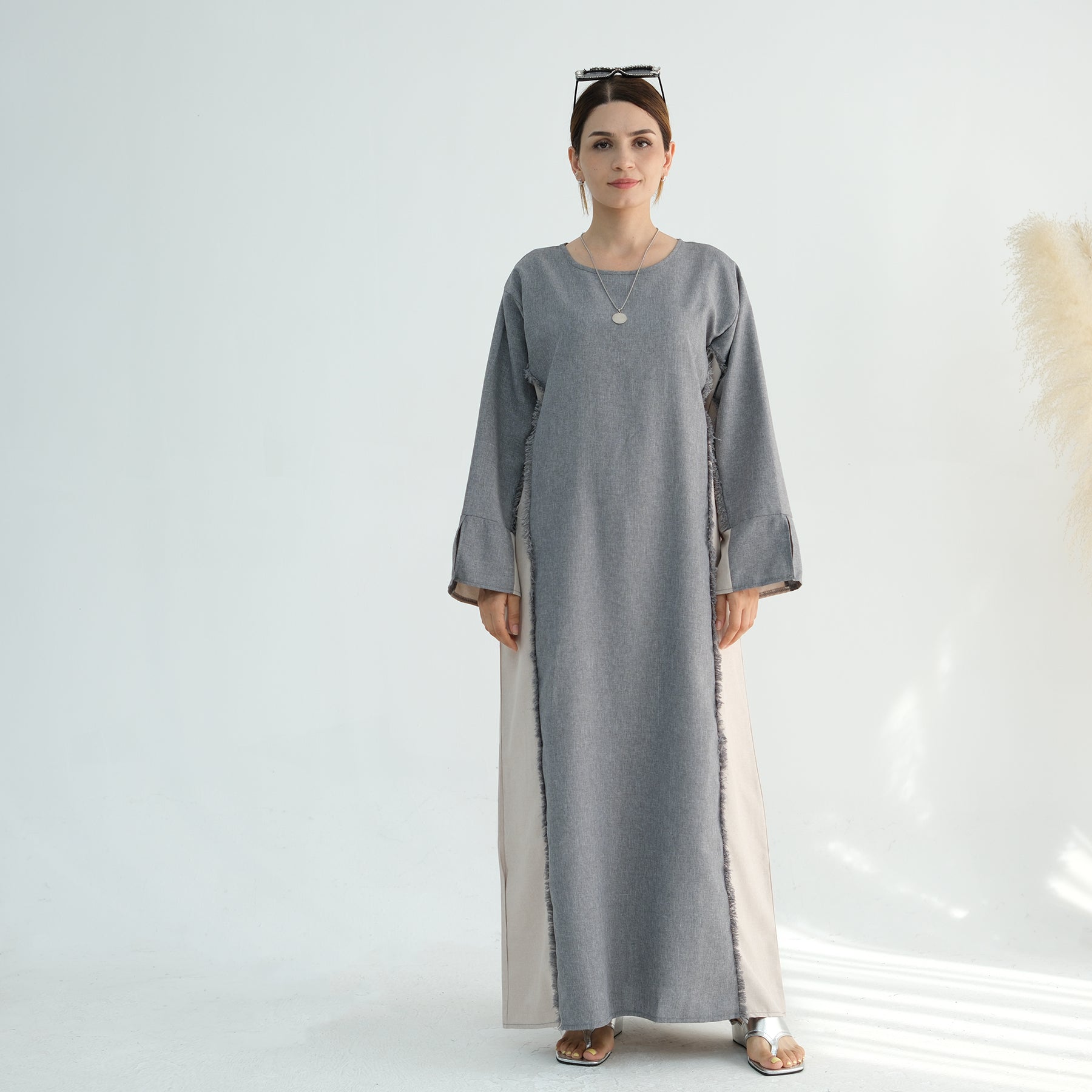 Blair Fringe Abaya Dress - Elegant Gray Islamic Modest Dress for Women | Perfect for Prayer, Eid, and Special Occasions