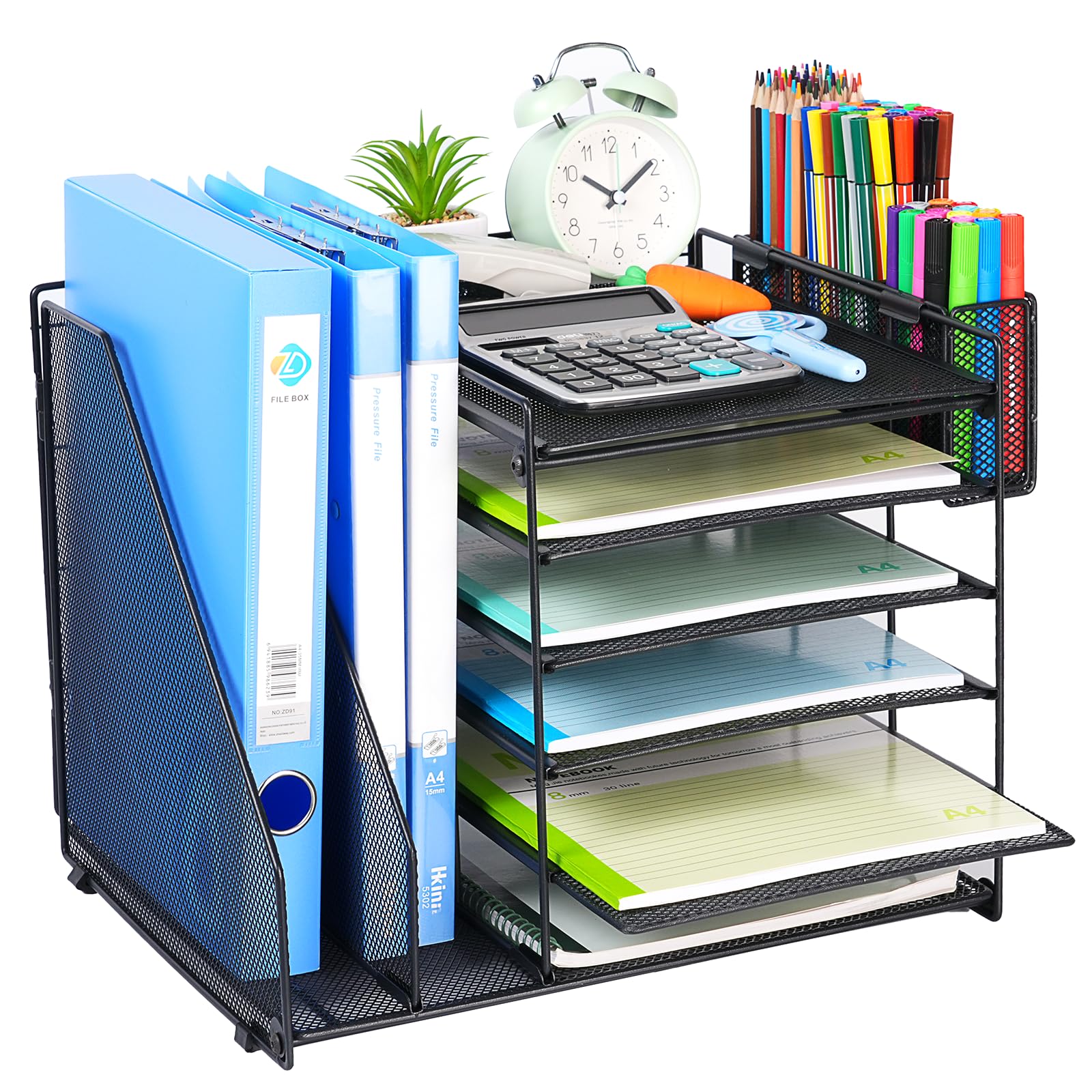 6-Tier Mesh File Organizer for Desk - Paper Tray with File & Pen Holder, Black Office Desk Accessories | Perfect for Workspace Organization & Document Management
