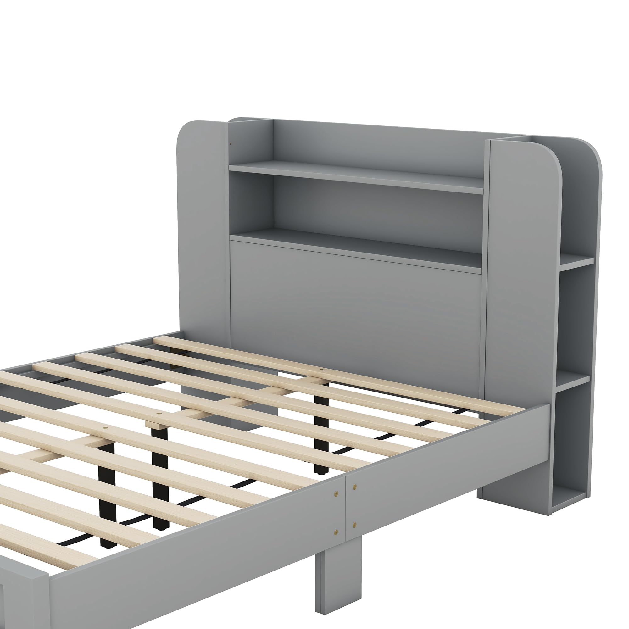 Full Size Wooden Platform Bed Frame with Storage Headboard & Shelves - Grey Kids Bed for Boys & Girls - Perfect for Small Bedrooms, Dorm Rooms & Space-Saving Storage Solutions