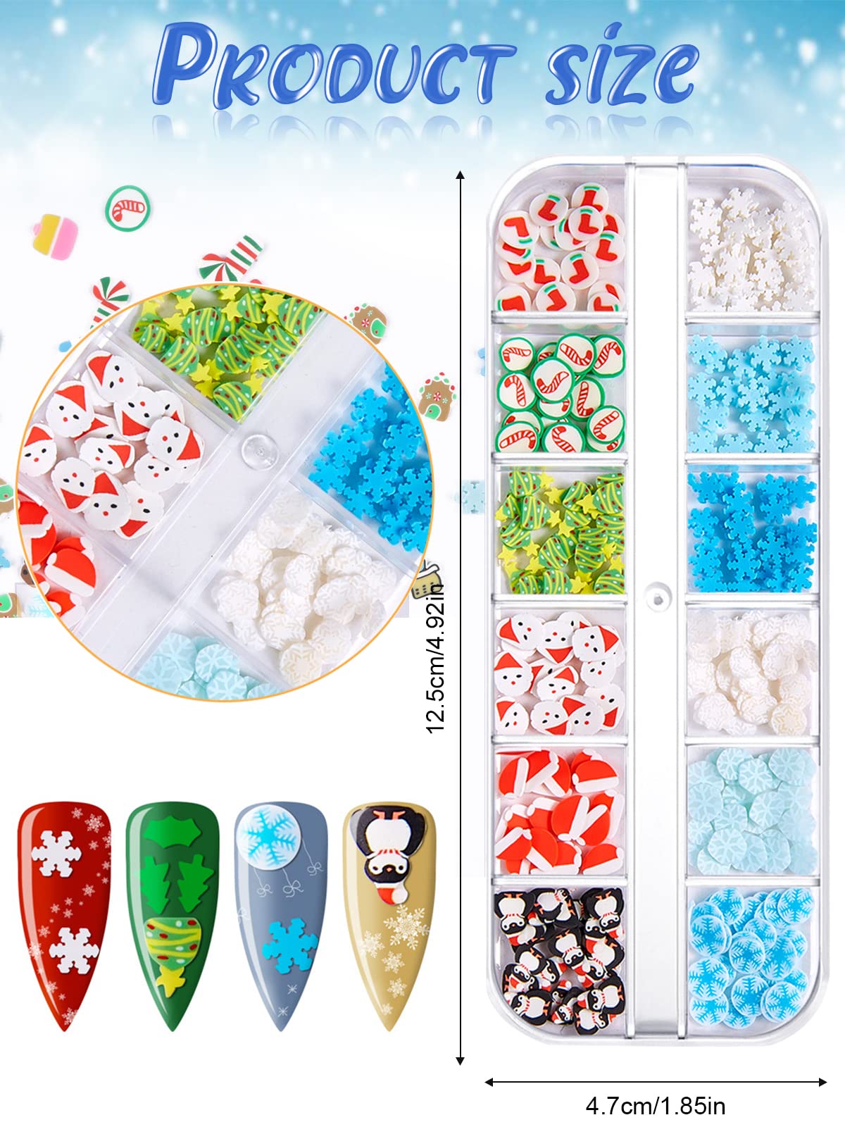 24 Grids Christmas Nail Art Slices - 3D Polymer Nail Flakes with Snowflake, Santa & Penguin Designs for DIY Nail Decor | Cute Glitter Nail Charms for Women & Girls | Perfect for Holiday Nail Art, Face & Body Crafting (2 Box Set)