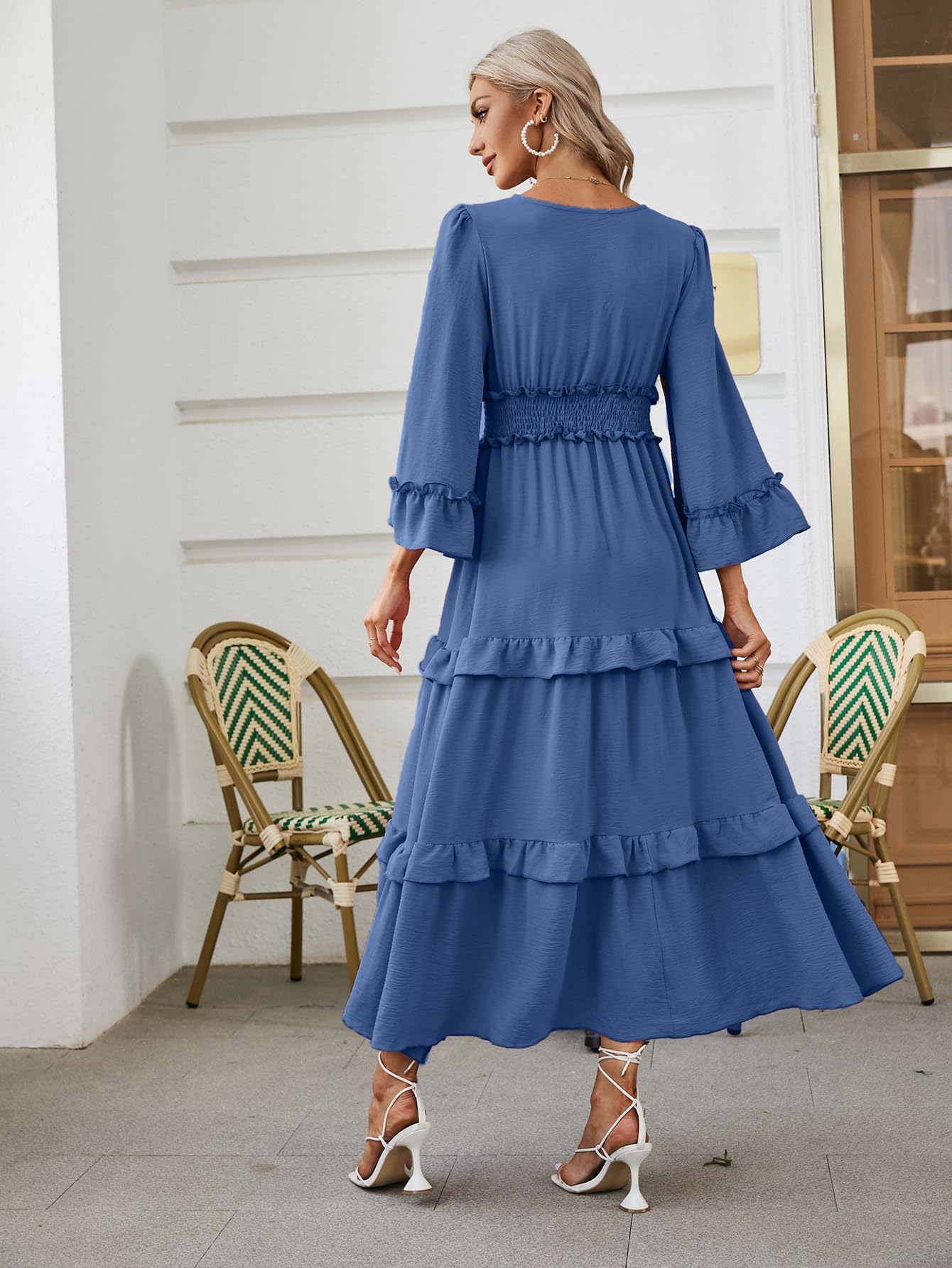 Amegoya Women's V-Neck Long Sleeve Bohemian Maxi Dress - Flowy Wedding Guest Dress for Summer, Engagement, Beach Party & Special Occasions