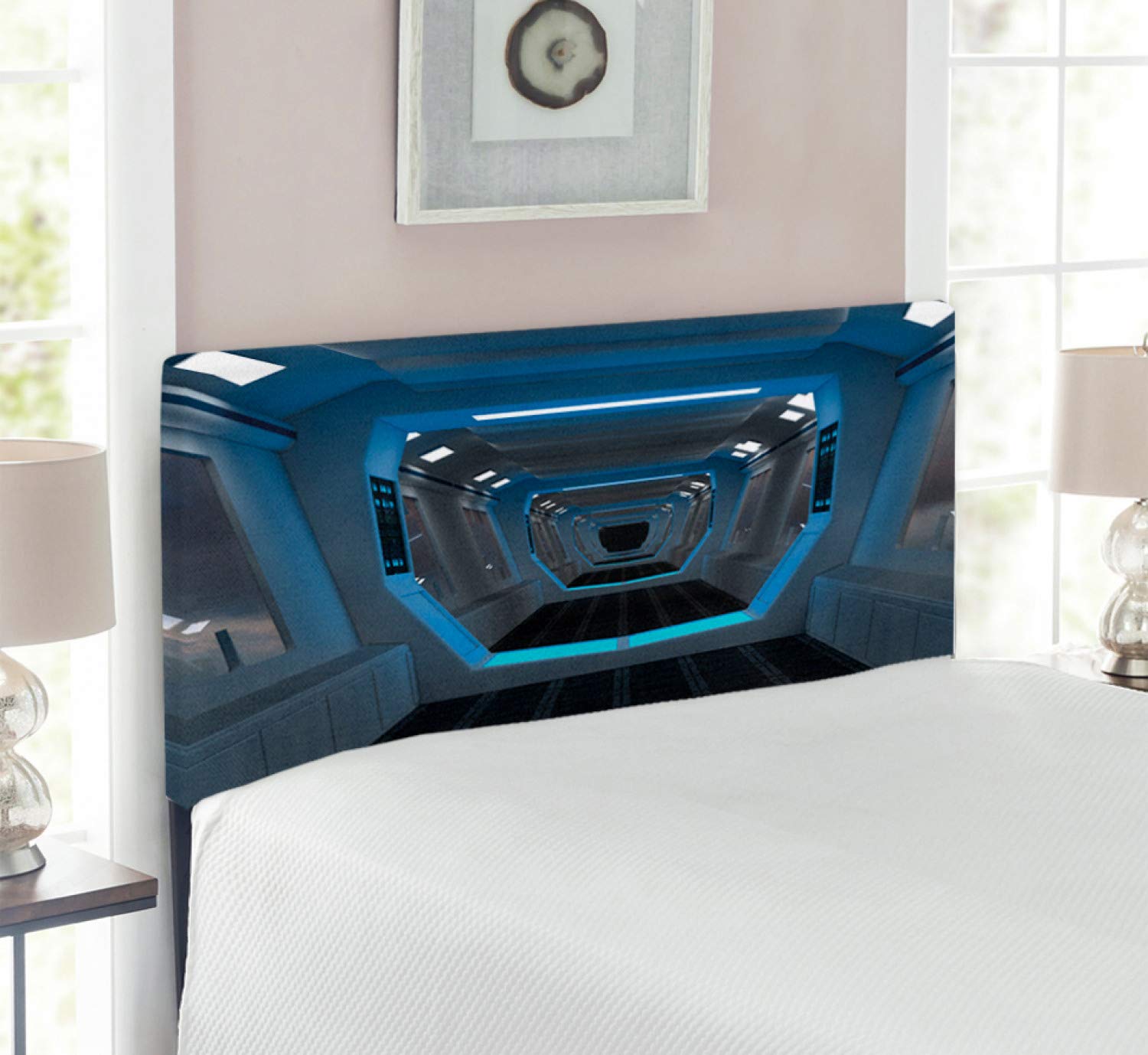 Lunarable Outer Space Headboard - Cosmos Robots & Androids Stardust Vision Comics Design, Upholstered Decorative Metal Bed Frame with Memory Foam, Twin Size Blue & White - Perfect for Sci-Fi Themed Bedrooms & Kids' Space Decor