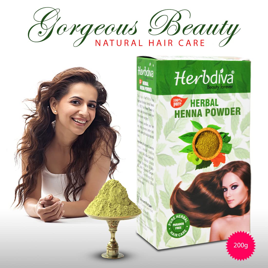 Herbdiva Natural Herbal Henna Powder for Hair - 200g (Pack of 2) | Safe, Chemical-Free Hair Dye & Conditioning Treatment for Women & Men | Perfect for Home Hair Coloring, Bridal Mehendi & DIY Beauty