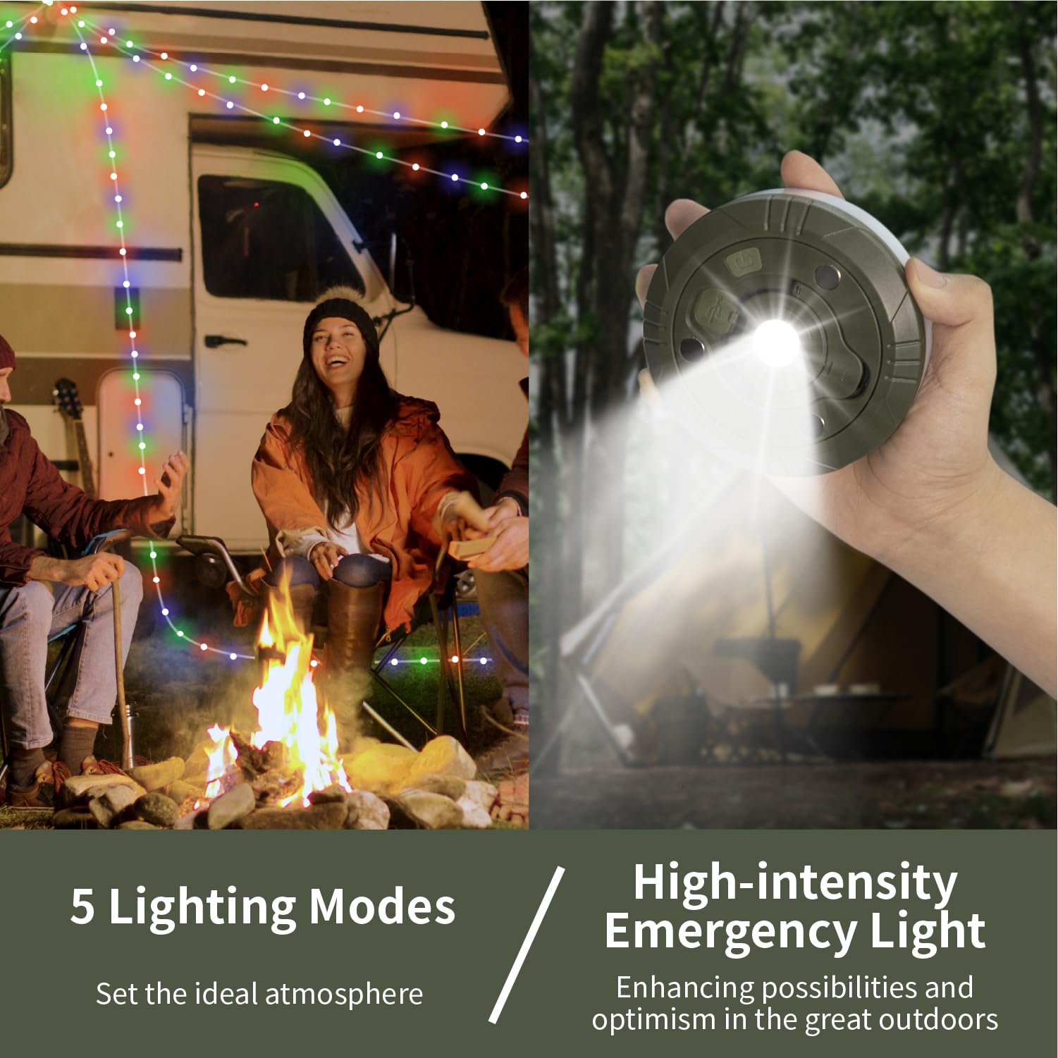 HAMLITE 3-in-1 Rechargeable Camping String Lights - 29.5Ft RGB Outdoor Fairy Lights with Multiple Modes & Brightness, USB Powered RV Awning Lights for Camping Tent, Camper, Yard, Patio, and Backyard Decor