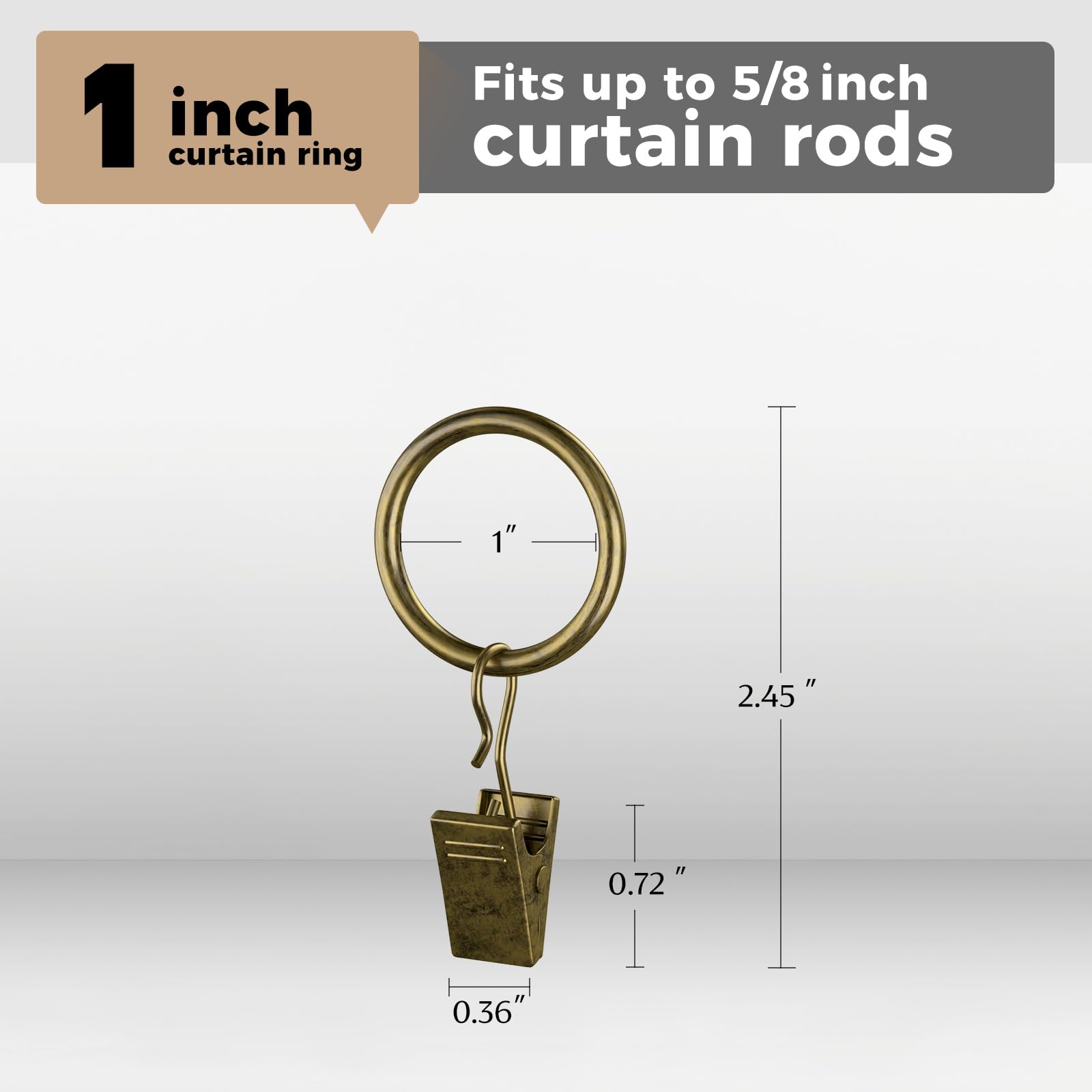 40 Pack Bronze Curtain Rings with Clips - 1 Inch Interior Diameter Drapery Hooks for 5/8 Inch Rods - Durable Metal Curtain Hardware for Living Room, Bedroom & Window Decor