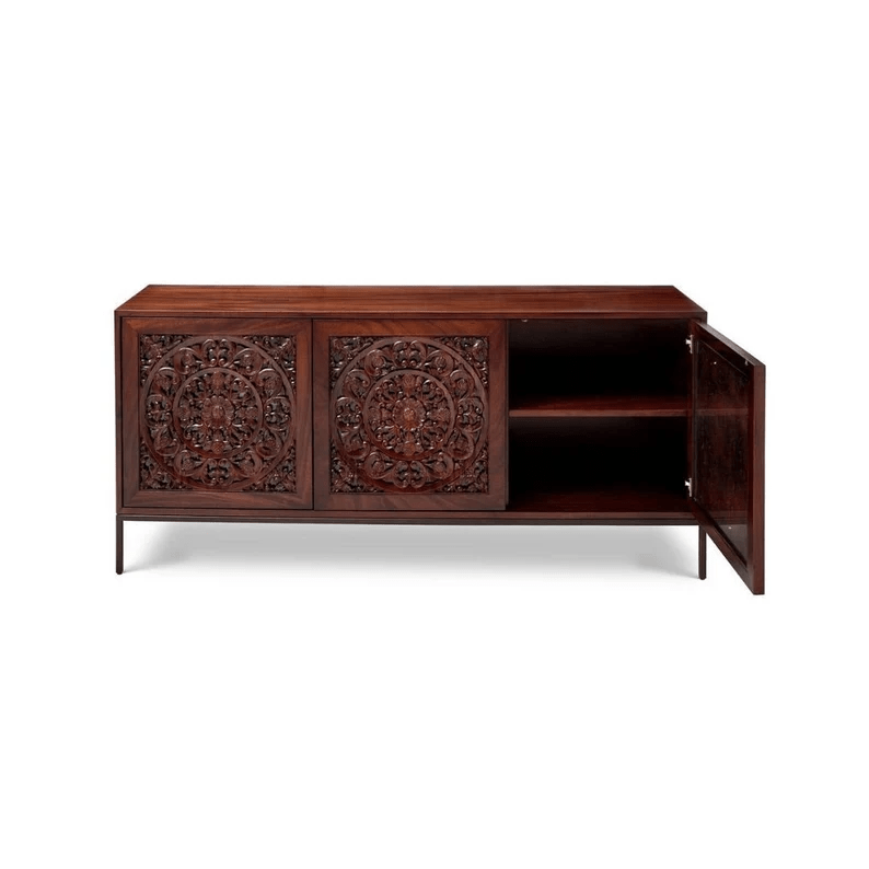 Hand Carved Solid Wood Three Door Brown Sideboard - Modern Wooden Credenza for Dining Room, Living Room & Entryway Storage | Rustic Home Decor Furniture