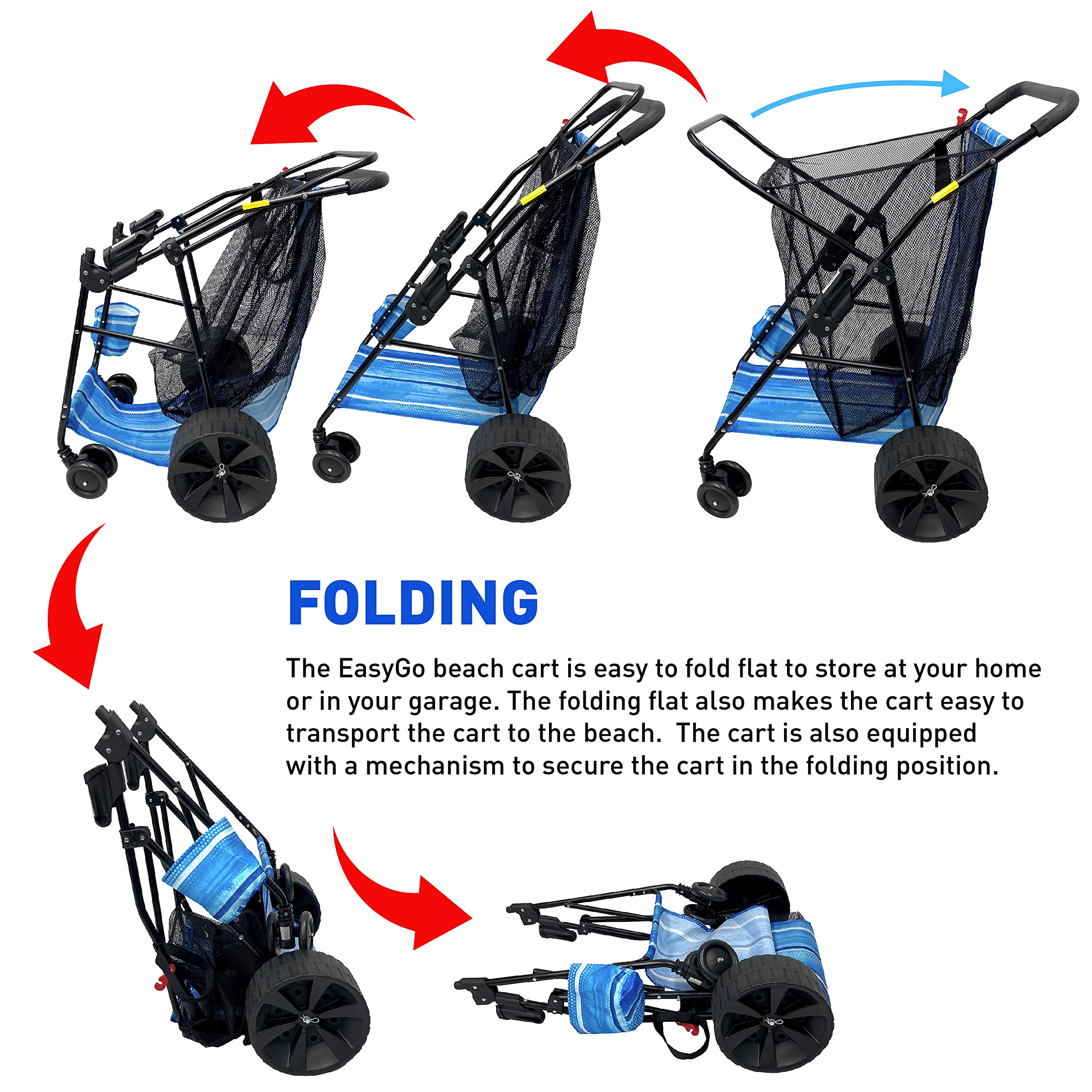 Premium Heavy Duty Folding Beach Cart with Large Sand Wheels - Holds 4 Chairs & Umbrella, Removable Storage Bag (Blue Striped) - Perfect for Beach Trips, Camping, Picnics & Outdoor Adventures