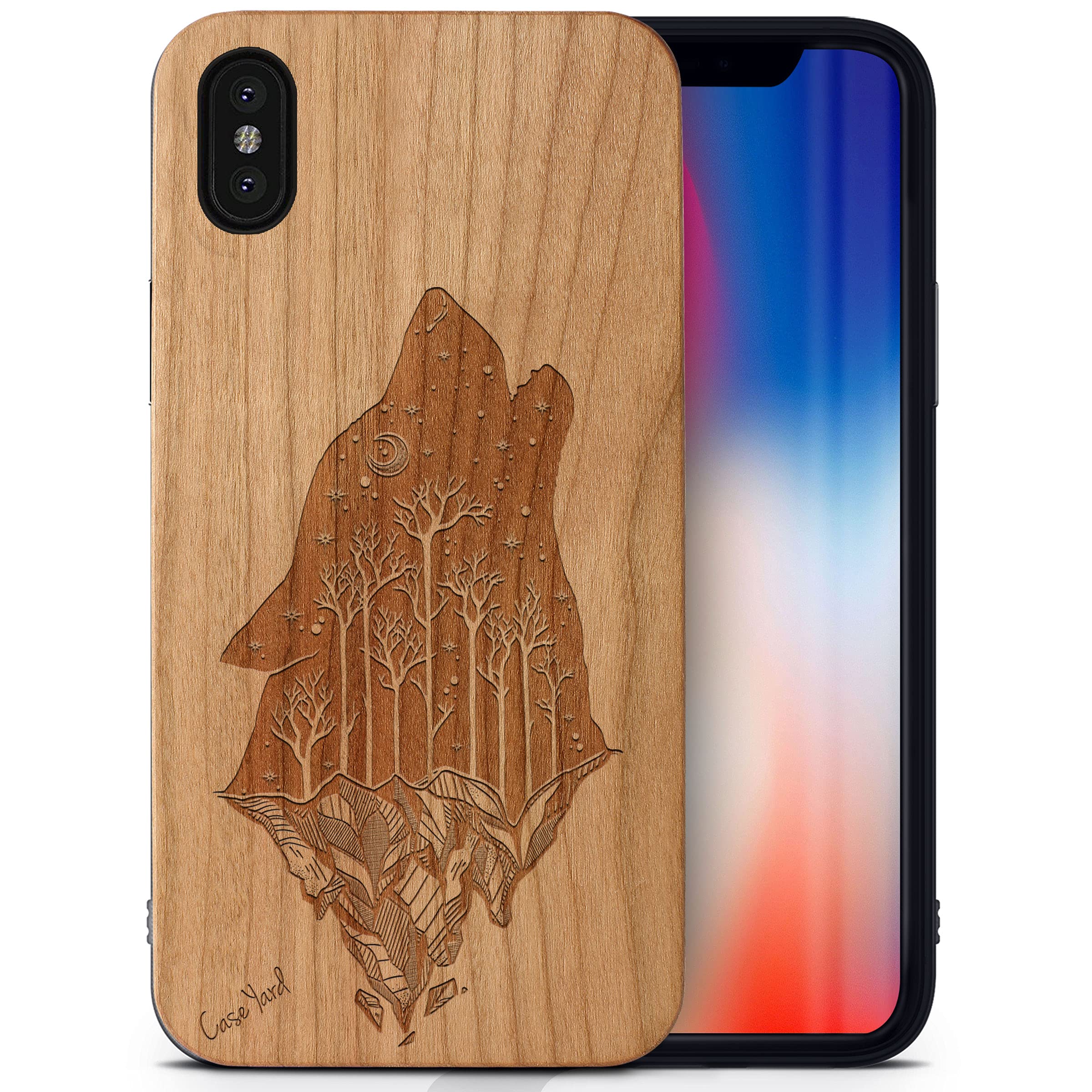 Premium Cherry Wood iPhone X Case - Laser Engraved Howling Wolf Design | Shockproof & Slim Fit Protective Cover for Men & Women | Perfect for Outdoor Adventures & Daily Use