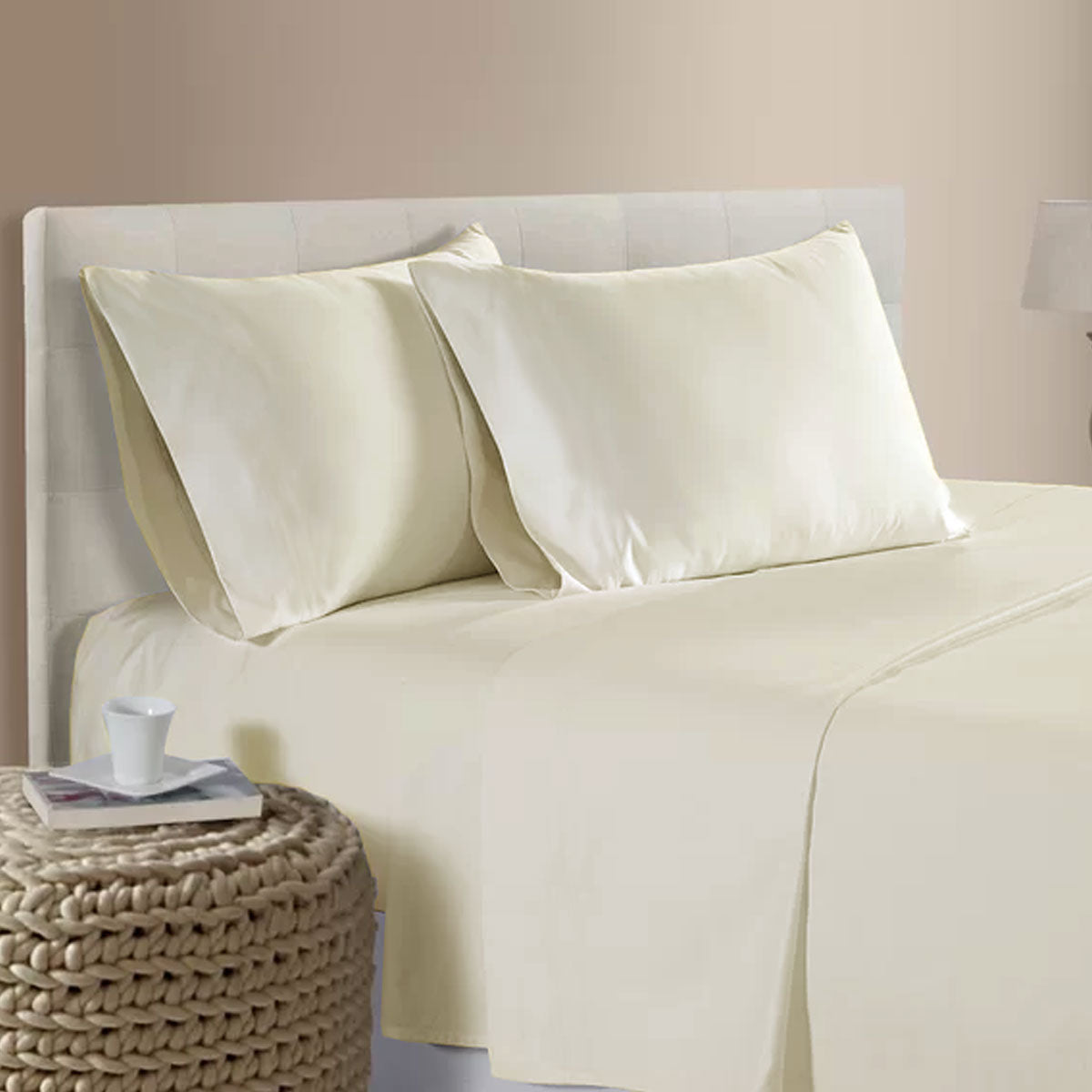 400 Thread Count Bamboo Cotton Sheet Set - Queen Size, Cream - Soft & Breathable Bedding for All Seasons, Perfect for Home, Hotel, and Guest Room Use