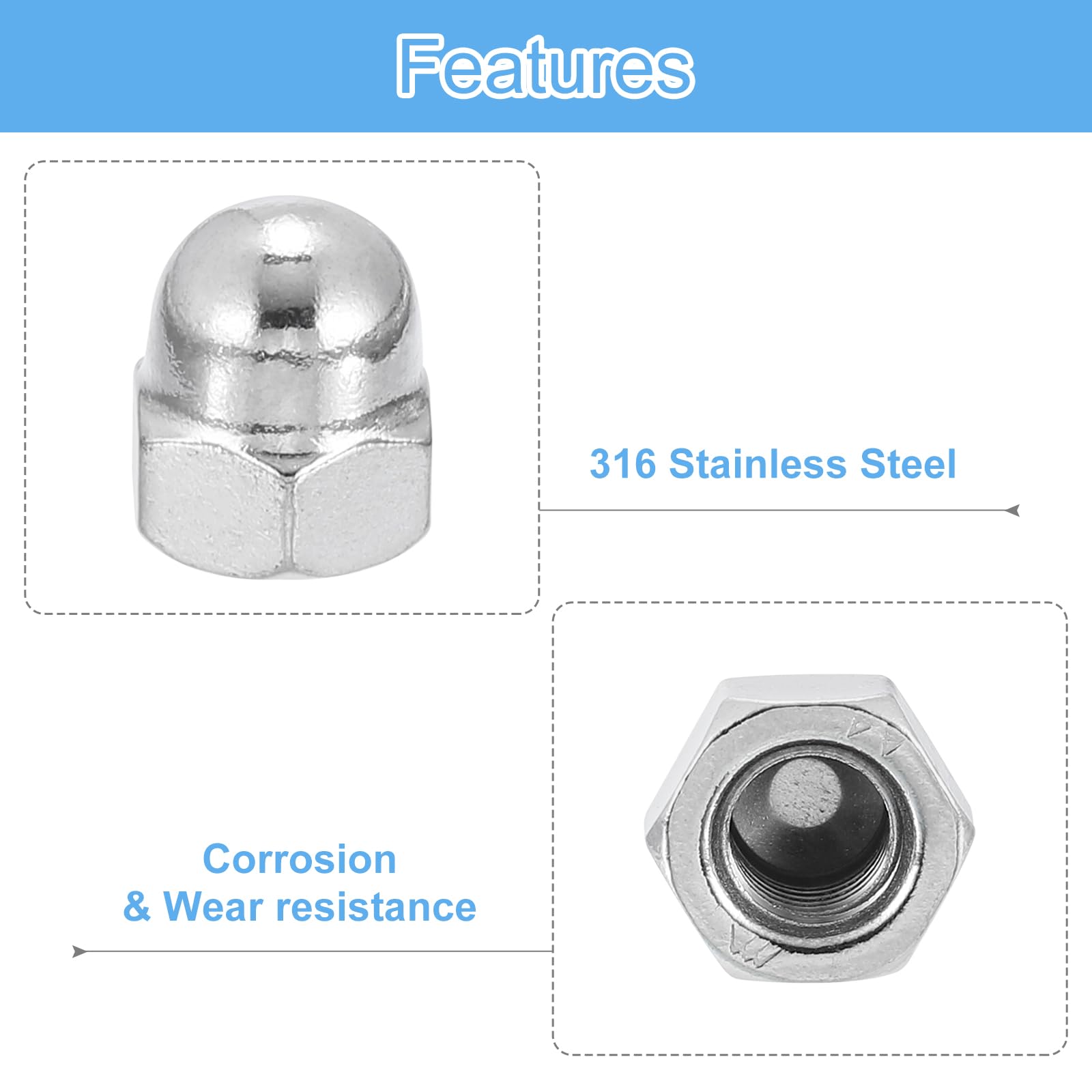 uxcell 25Pcs M8x1.25 316 Stainless Steel Acorn Cap Nuts - Dome Head Hex Nut for Bolt Cover, Rustproof Hardware Fasteners - Perfect for Automotive, Marine & Outdoor Applications