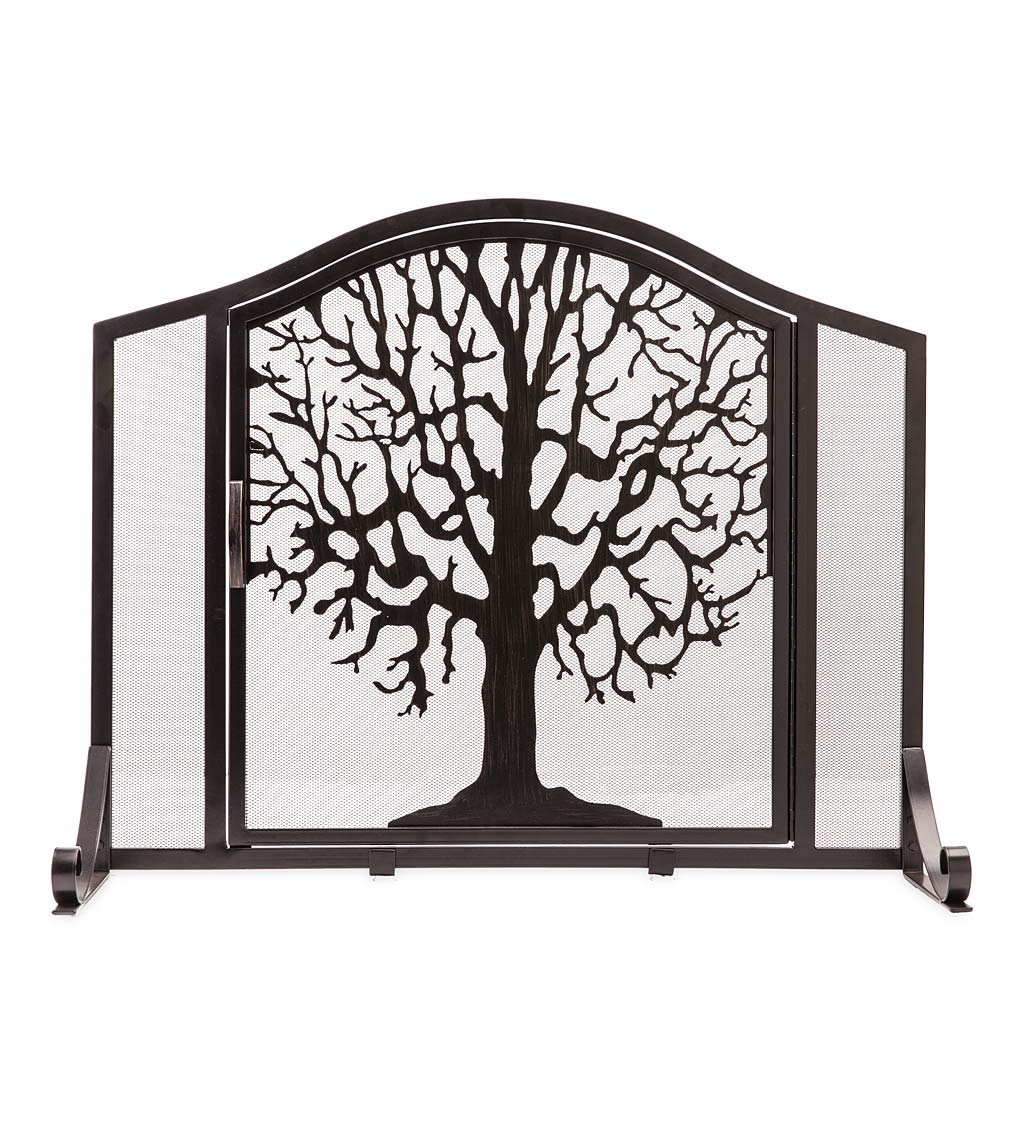 Plow & Hearth 44-Inch Black Metal Fireplace Screen with Tree of Life Design - 44