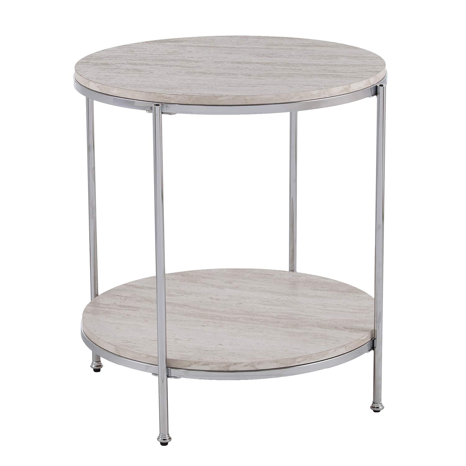 SEI Furniture Silas Round Faux Stone End Table - Silver Finish | Modern Accent Table for Living Room, Bedroom & Office Decor