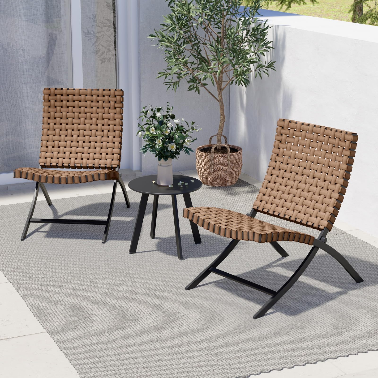 3-Piece Leather Texture Wicker Patio Furniture Set - Foldable Outdoor Lounge Chairs with Side Table for Balcony, Garden, Poolside & Backyard Relaxation