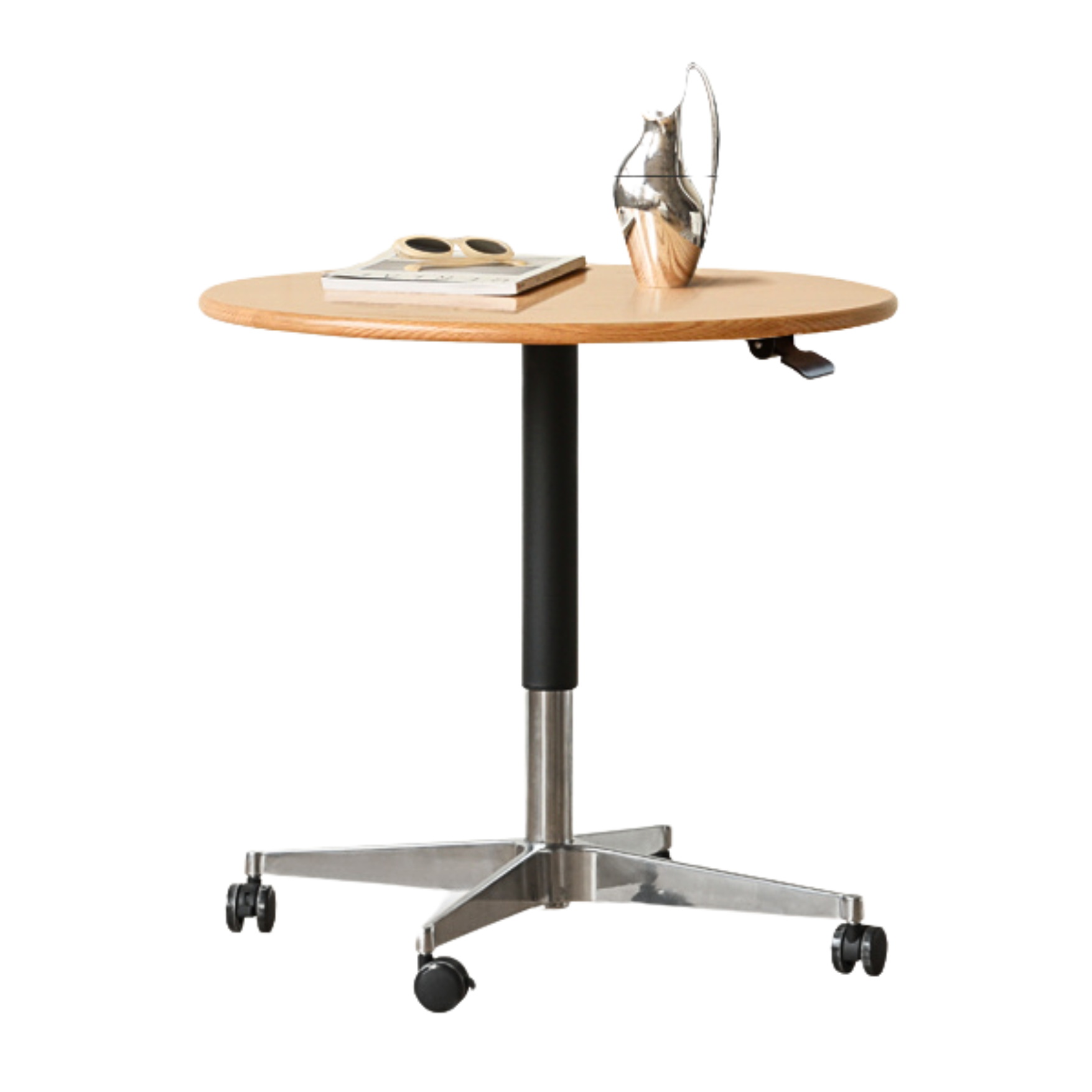 27.5x27.5x22-32.3 inch/ 70x70x56-82 cm/ Natural wood color/ Oak round table black and silver metal legs