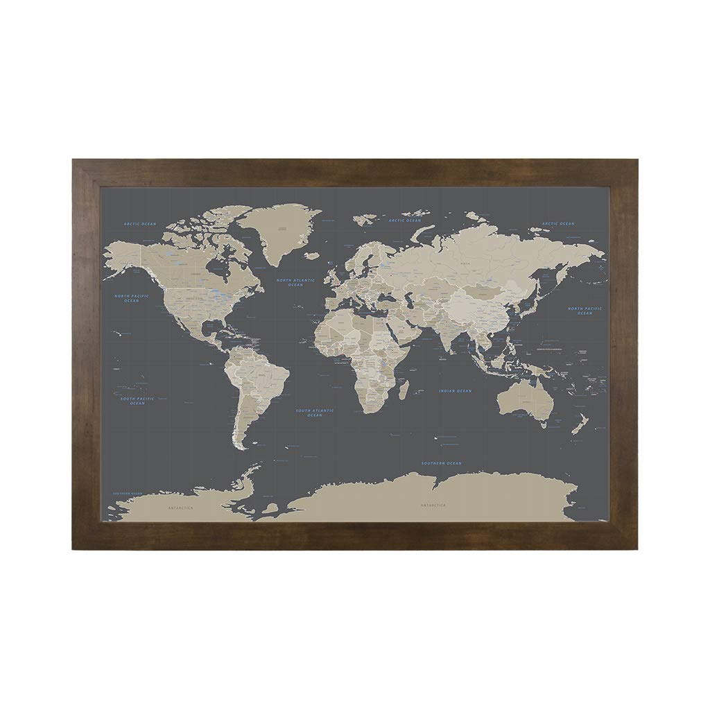 Custom Push Pin Travel Map - Rustic Brown Framed World Wall Art with 150 Pins | Handmade in USA | 27.5x39.5 Inches | Perfect for Home Office Decor & Travel Enthusiast Gifts