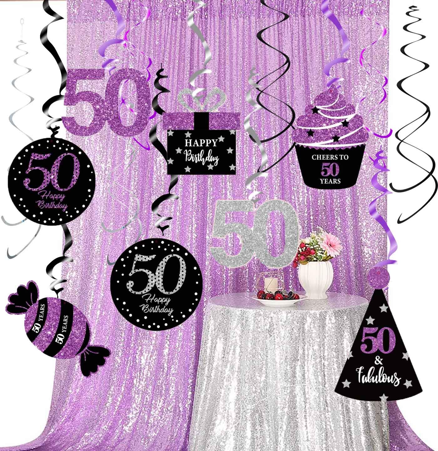 50th Birthday Party Decorations for Women - Purple, Silver & Black Foil Hanging Swirls | Elegant Women's 50th Birthday Party Supplies | Perfect for Milestone Celebrations, Photo Backdrops & Venue Decorations
