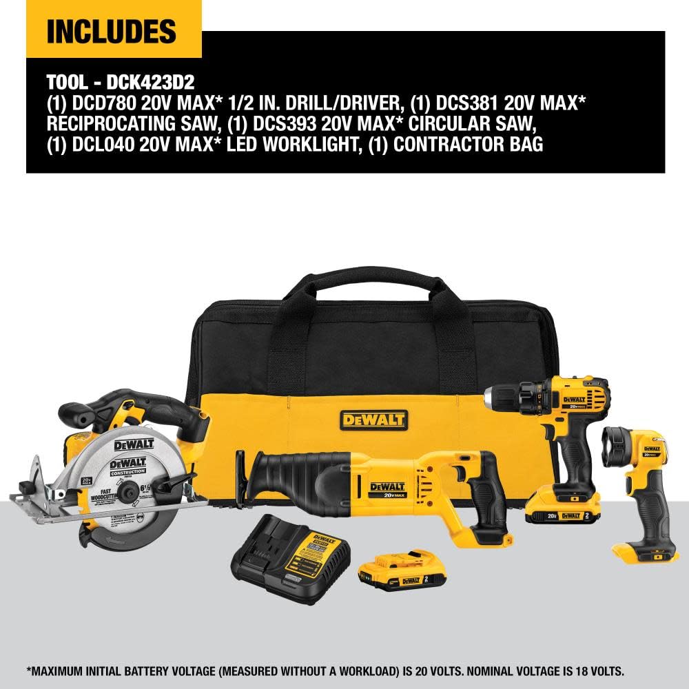 DEWALT 20V MAX Cordless Power Tool Combo Kit (4-Tool Set) with 2 Batteries & Charger (DCK423D2) - Perfect for DIY Projects, Home Renovations & Professional Construction Work