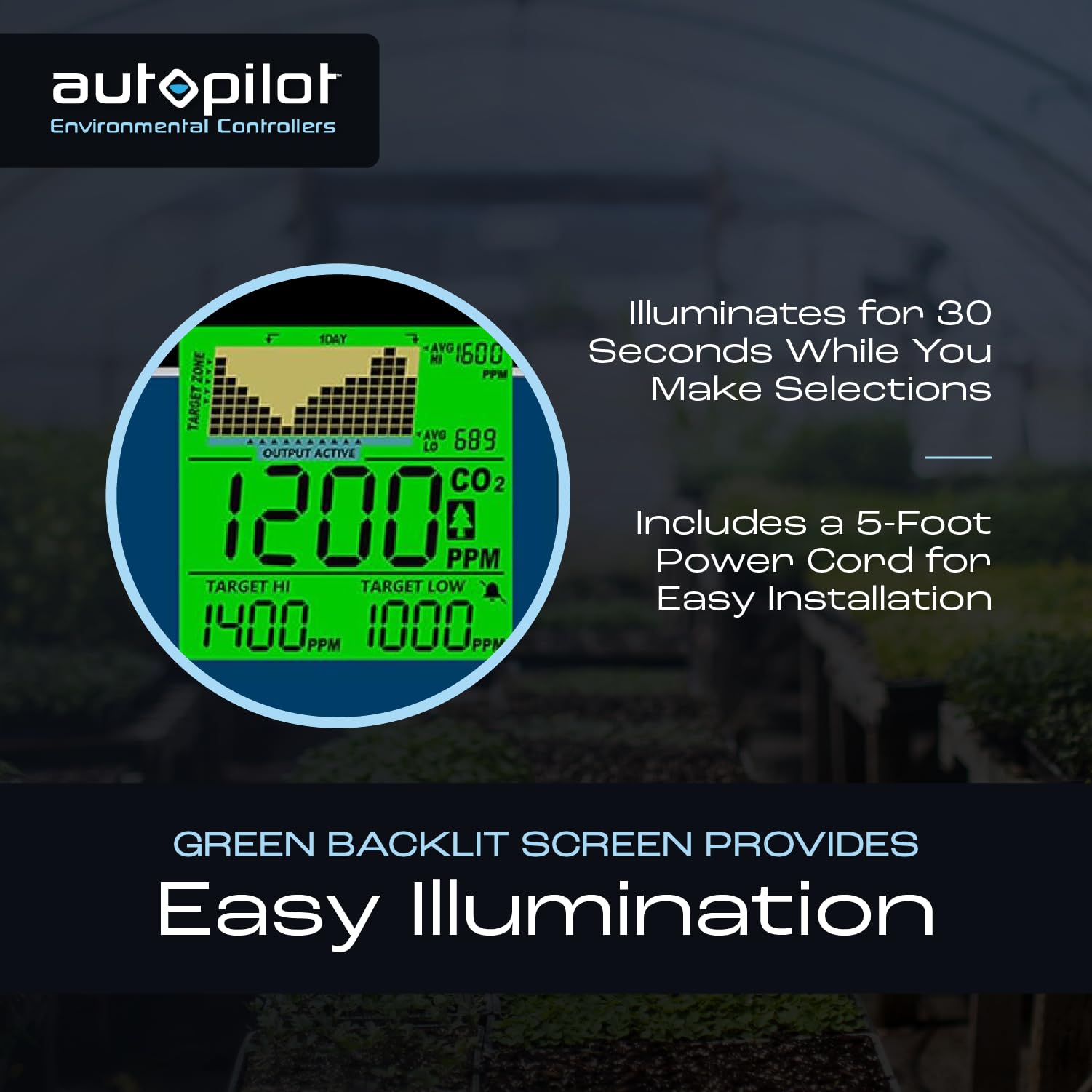 Autopilot Digital CO2 Controller with Integrated Sensor - CO2 Monitor for Greenhouse & Indoor Plants - 5ft Power Cord - Perfect for Hydroponics, Grow Tents & Home Gardens