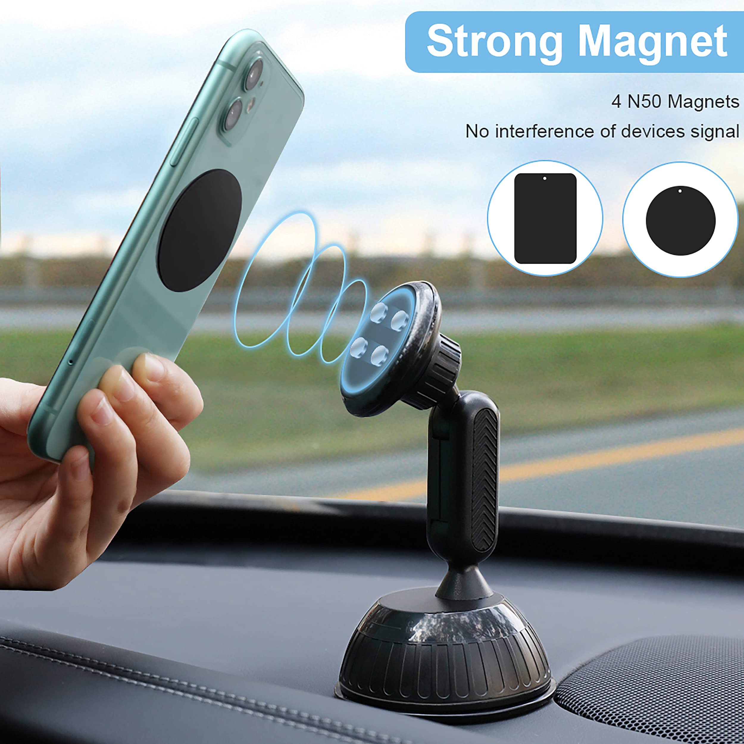 SALEX Universal Magnetic Phone Mount for Car - Adjustable & Rotatable Suction Cup Holder for Dashboard & Windshield - Compatible with Smartphones, Tablets, GPS Devices - Perfect for Hands-Free Driving & Navigation