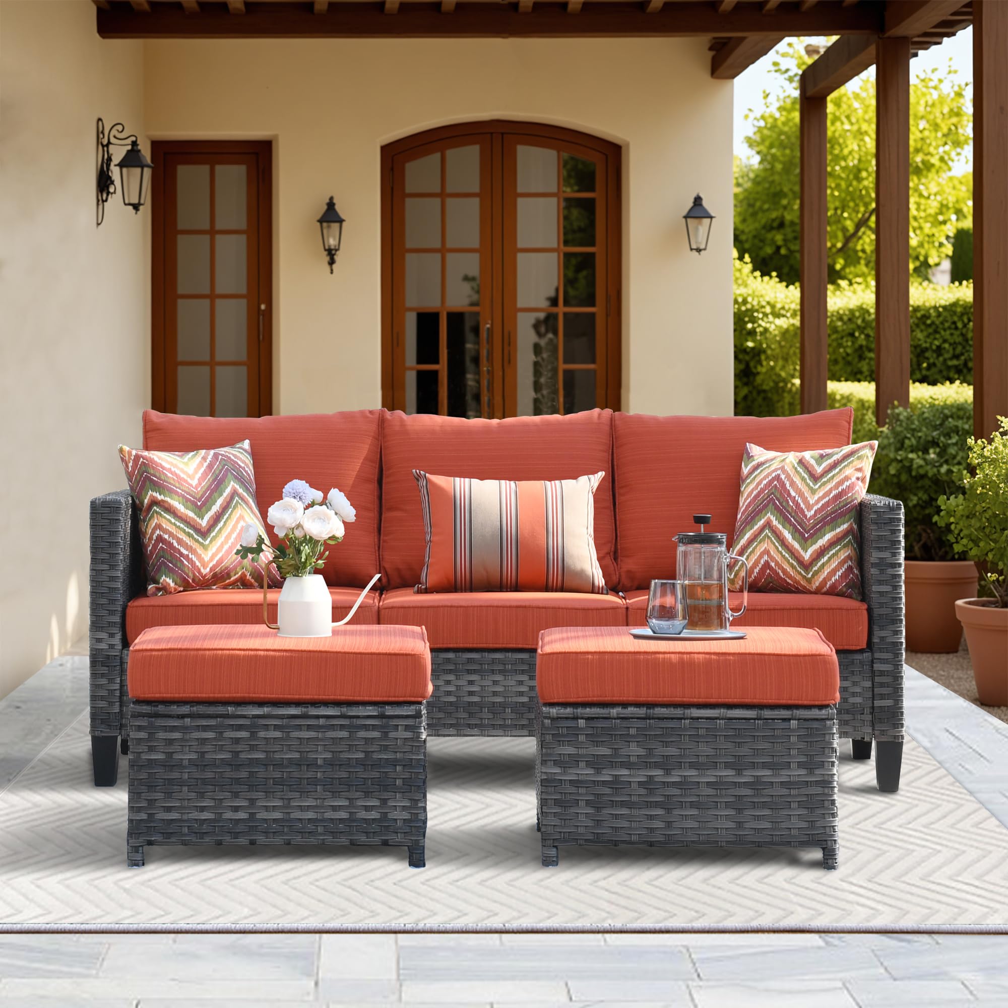 3-Piece Patio Furniture Set - Outdoor Wicker Rattan Sofa with Ottomans & Comfy Cushions, All-Weather Garden Couch for Porch, Backyard, Poolside (Orange Red) - Perfect for Relaxing, Entertaining & Outdoor Lounging
