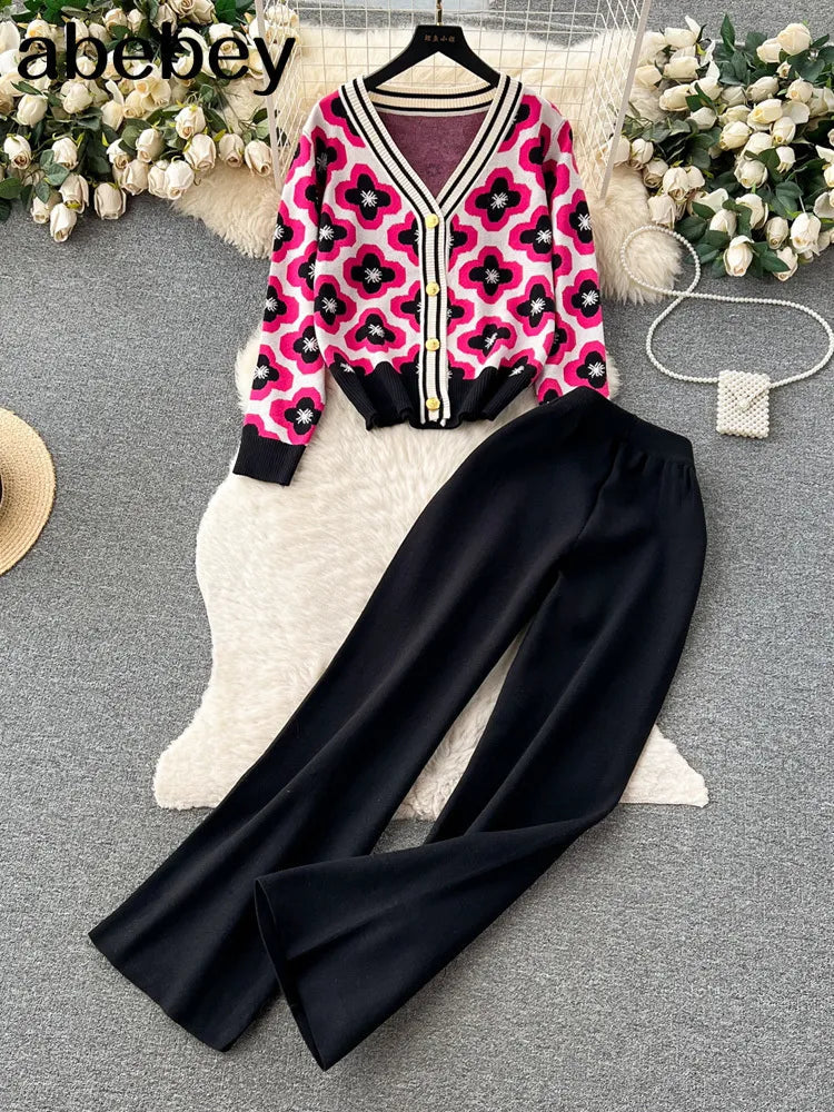 Floral Knit Cardigan and Wide Leg Pants Set for Women - Single Breasted Button Hollow Out Sweater with Solid Color Autumn Outfit | Casual Office Wear, Fall Fashion, Date Night Ensemble