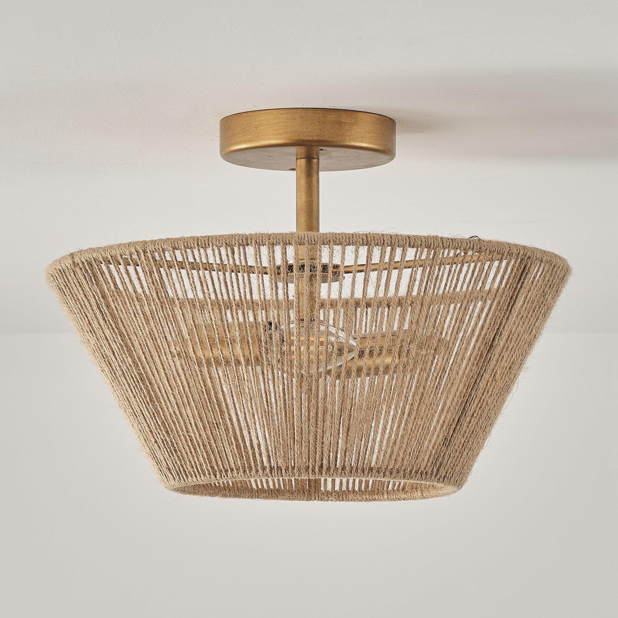 Farmhouse 2-Light Flush Mount Ceiling Light with Natural Rattan Rope - Perfect for Kitchen, Dining Room, Bedroom & Boho Home Decor