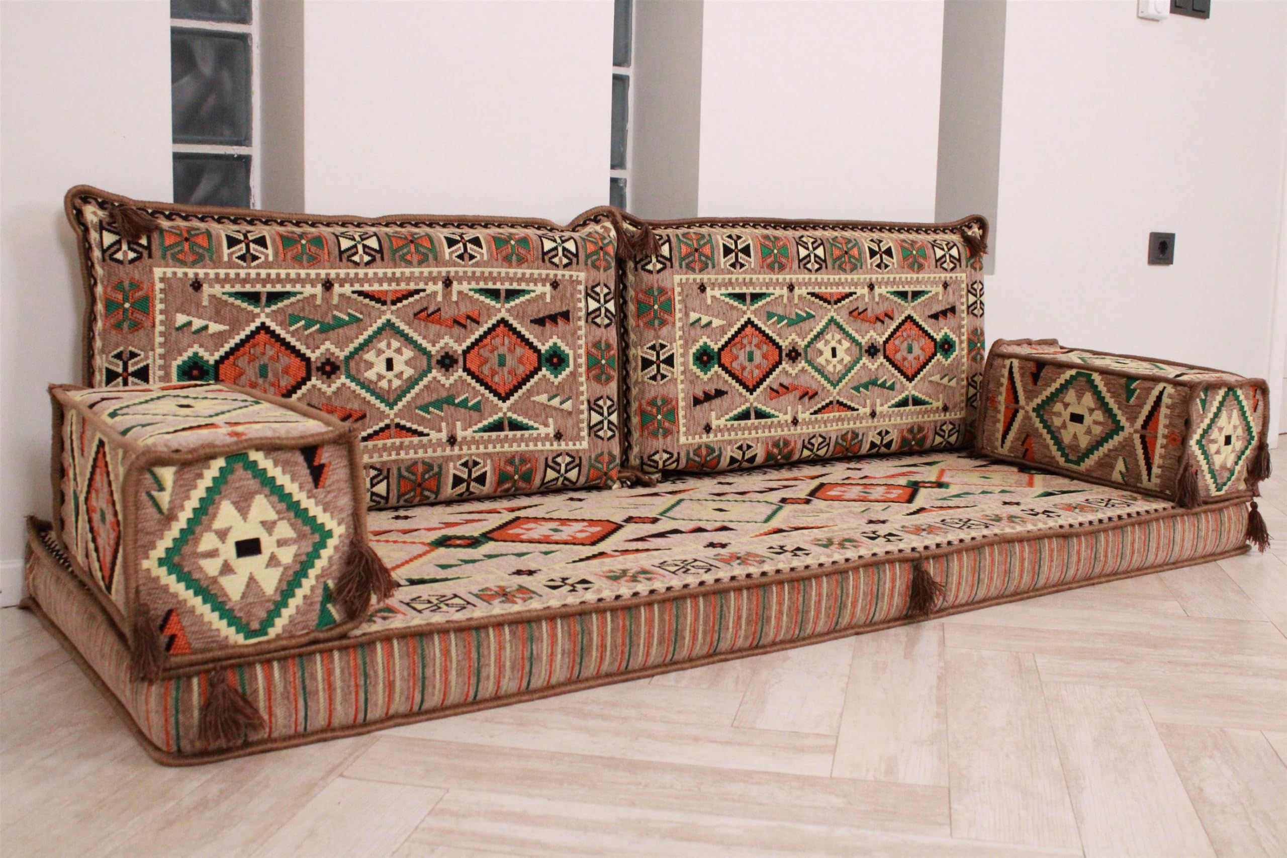 Arabic Majlis Sofa Set for Living Room - Traditional Arabic Furniture, Jalsa Couch with Bench Cushions - Perfect for Home Decor, Family Gatherings & Cultural Events