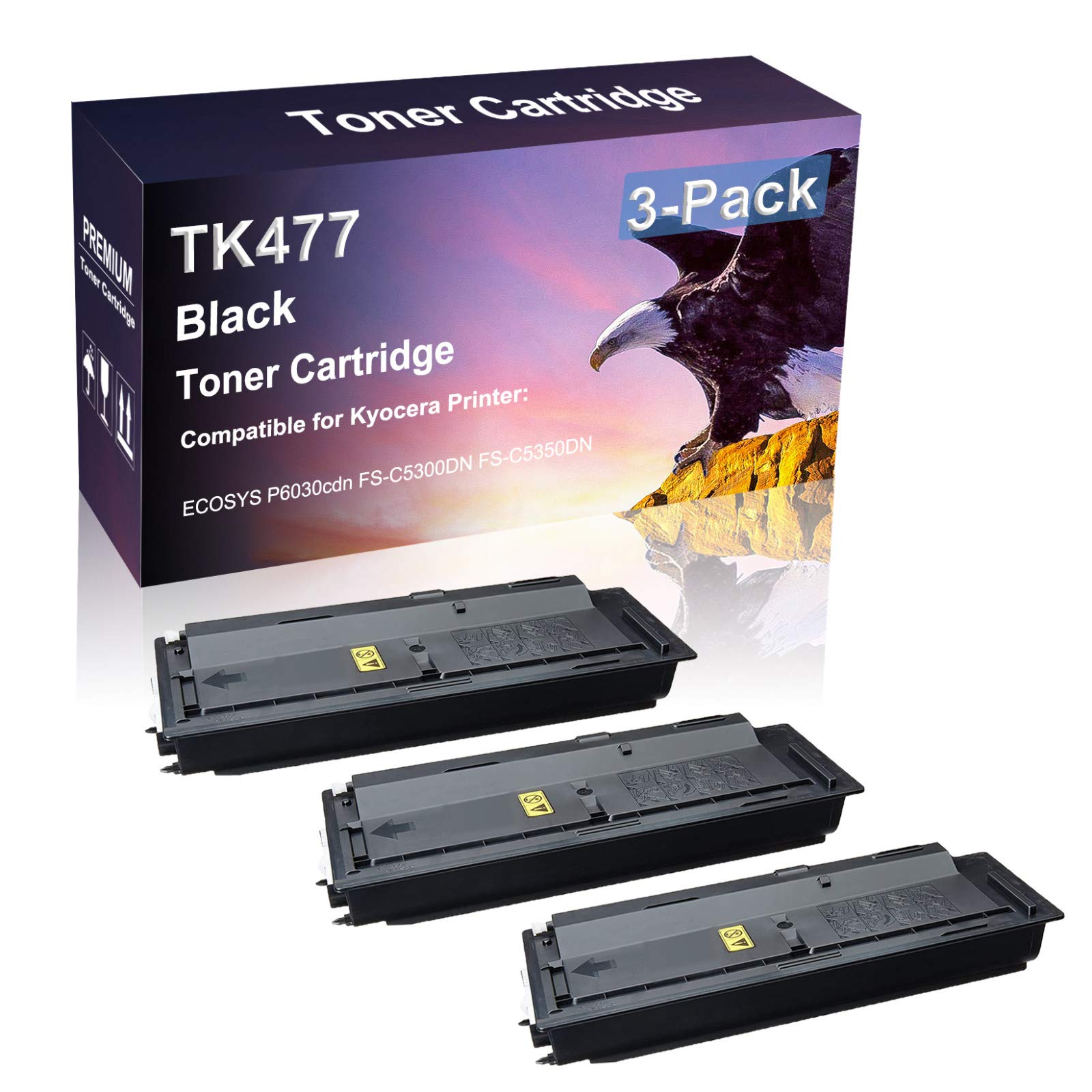 High Yield 3-Pack Black Toner Cartridge Replacement for Kyocera TK477 - Compatible with ECOSYS P6030cdn, FS-C5300DN, FS-C5350DN Printers - Ideal for Office & High-Volume Printing Needs